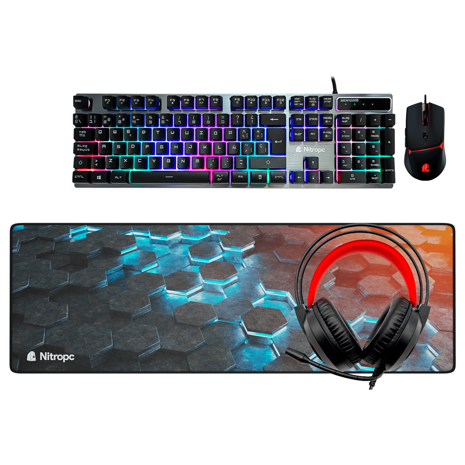 Configuración de juego: teclado, ratón, auriculares y alfombrilla con diseño hexagonal.