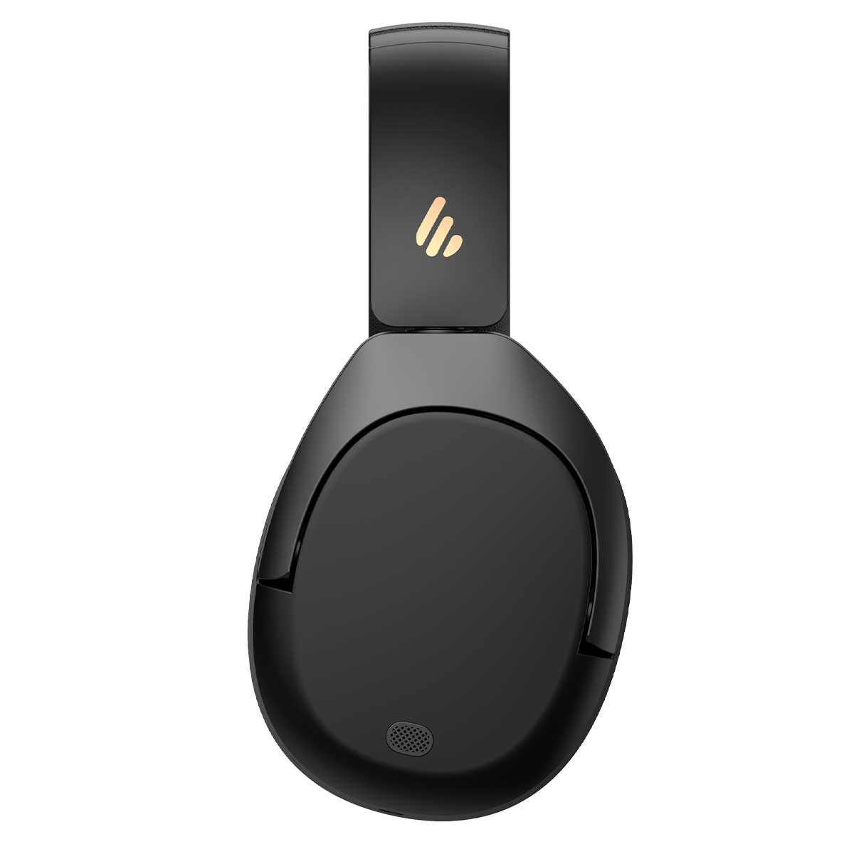 Czarne słuchawki ze złotym logo. Nauszniki są owalne. Pałąk jest gruby, a nauszniki mają mały mikrofon.