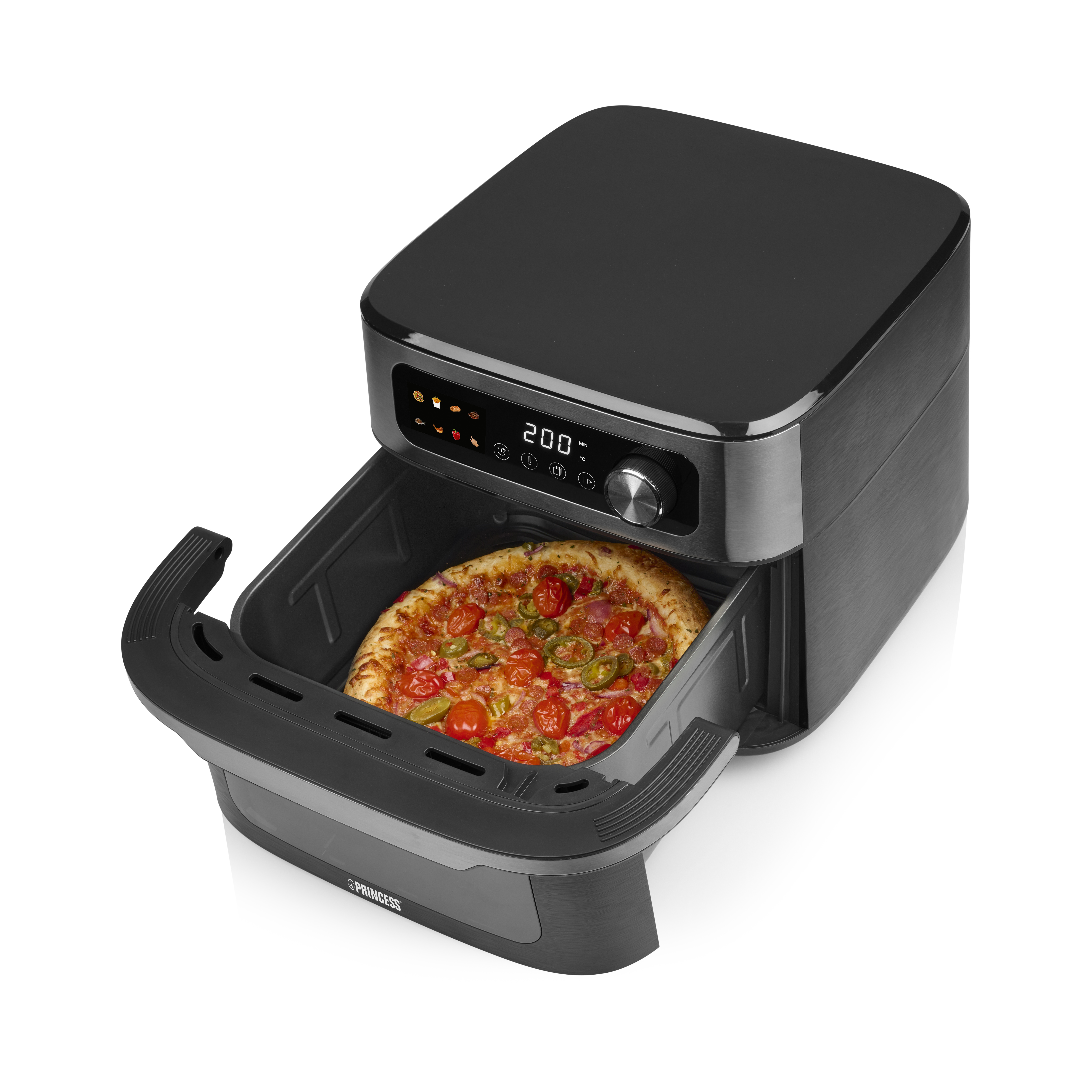 Zwarte airfryer met pizza erin. Display toont 200 graden. De airfryer staat op witte achtergrond.