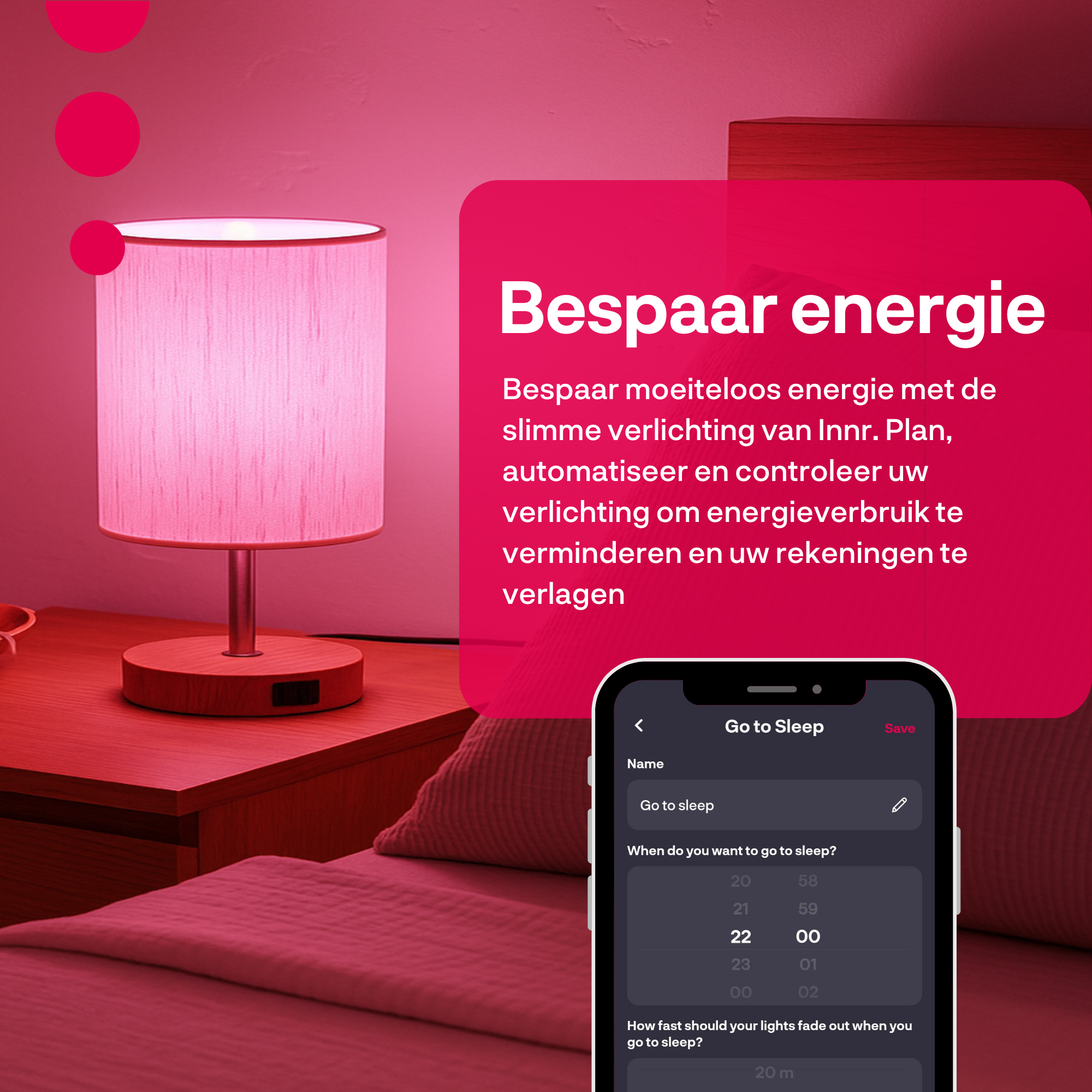 Eine rosa Lampe auf einem Nachttisch und ein Telefon, das eine 'Schlafengehen'-Einstellung zeigt. Im Hintergrund ein Bett und Text.