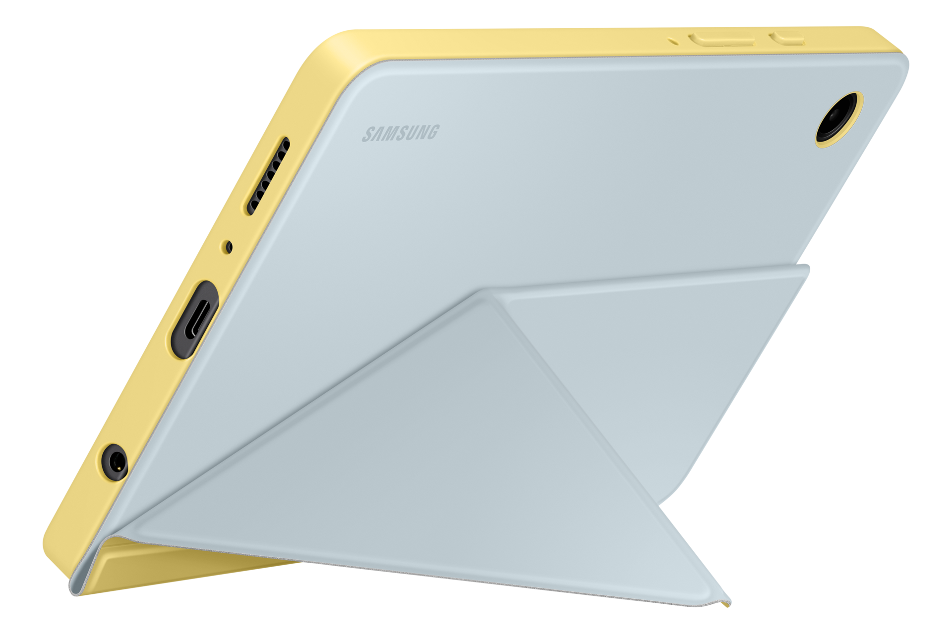Une tablette avec un étui jaune et un écran bleu clair est soutenue. L'étui se plie pour soutenir la tablette.