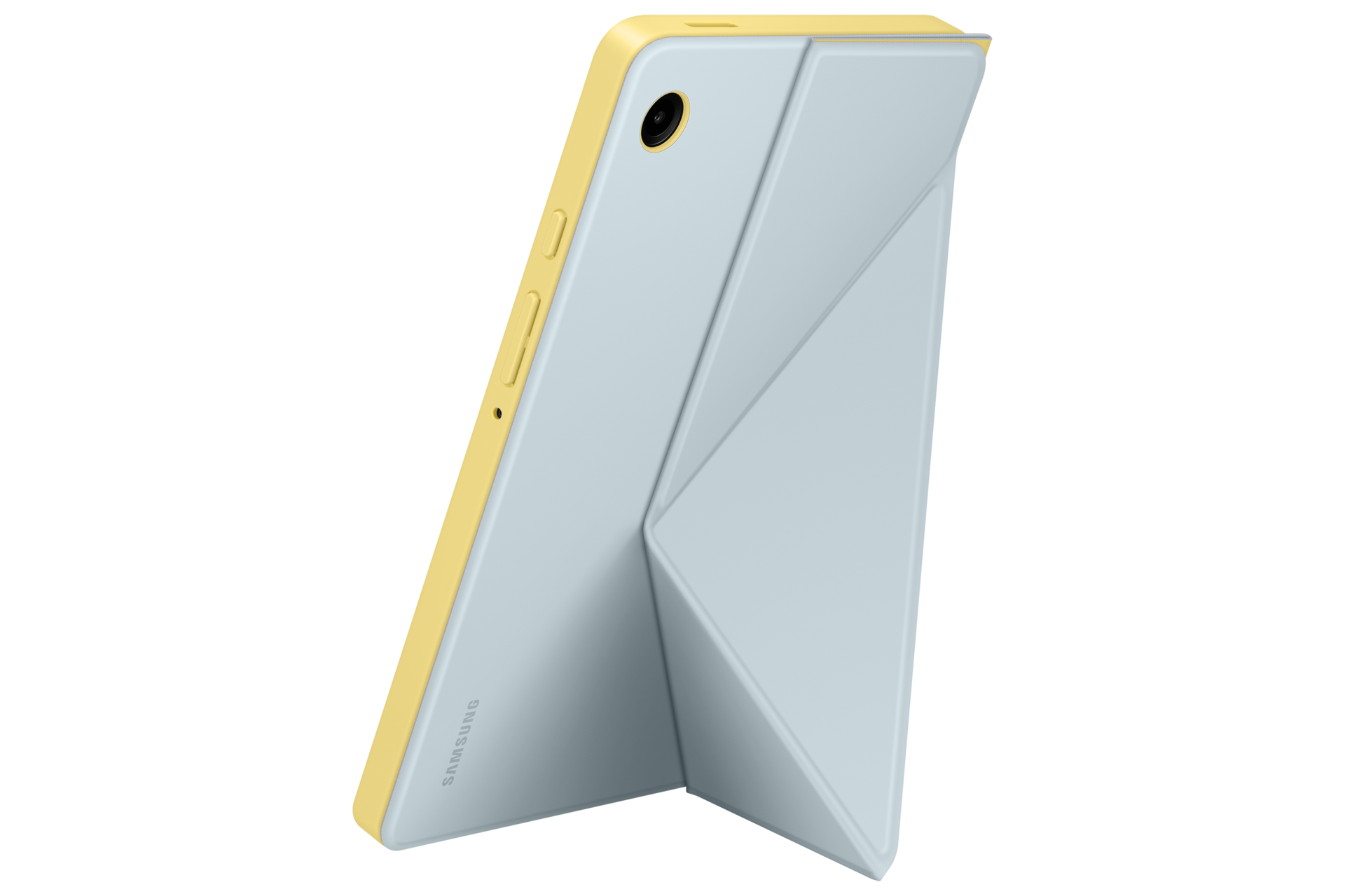 Une tablette avec un cadre jaune et une coque bleu clair, sur fond noir. La coque est pliée pour soutenir la tablette.