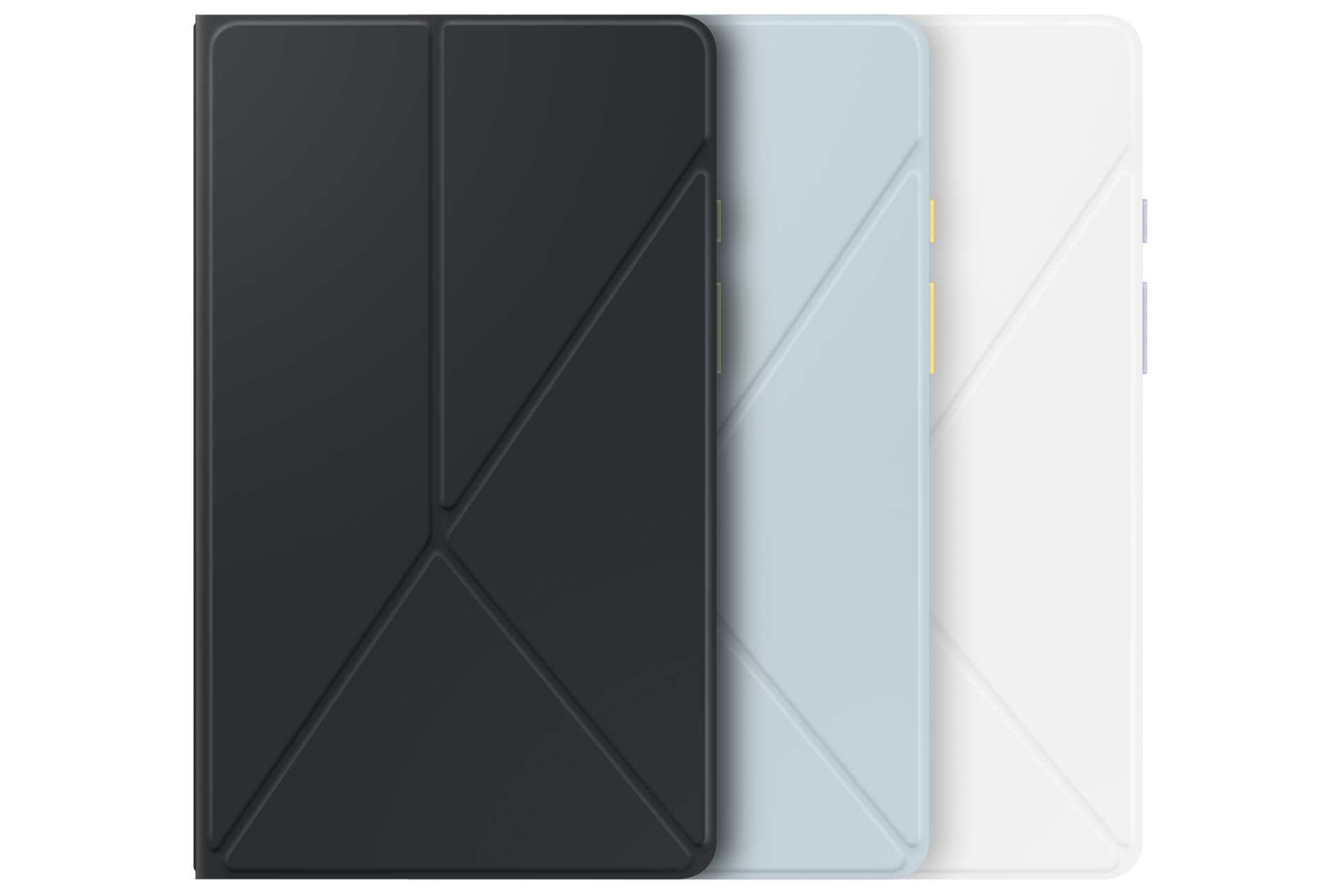 Trzy etui na tablety w kolorze czarnym, jasnoniebieskim i białym. Każdy ma geometryczny wzór i boczny przycisk.