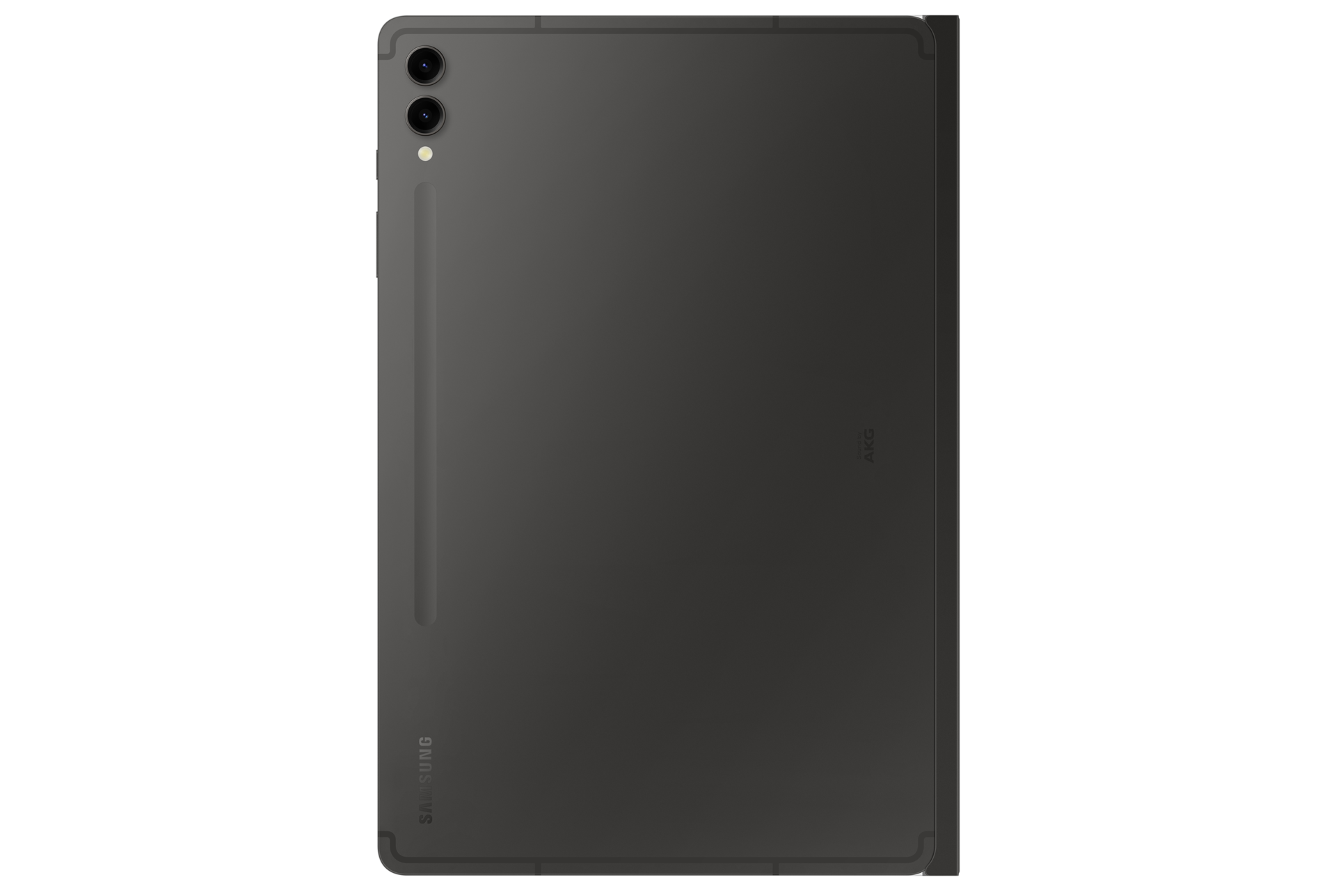 Donkergrijze Samsung tablet, achteraanzicht. Heeft twee camera's en een magneetstrip voor een stylus. AKG-logo zichtbaar.