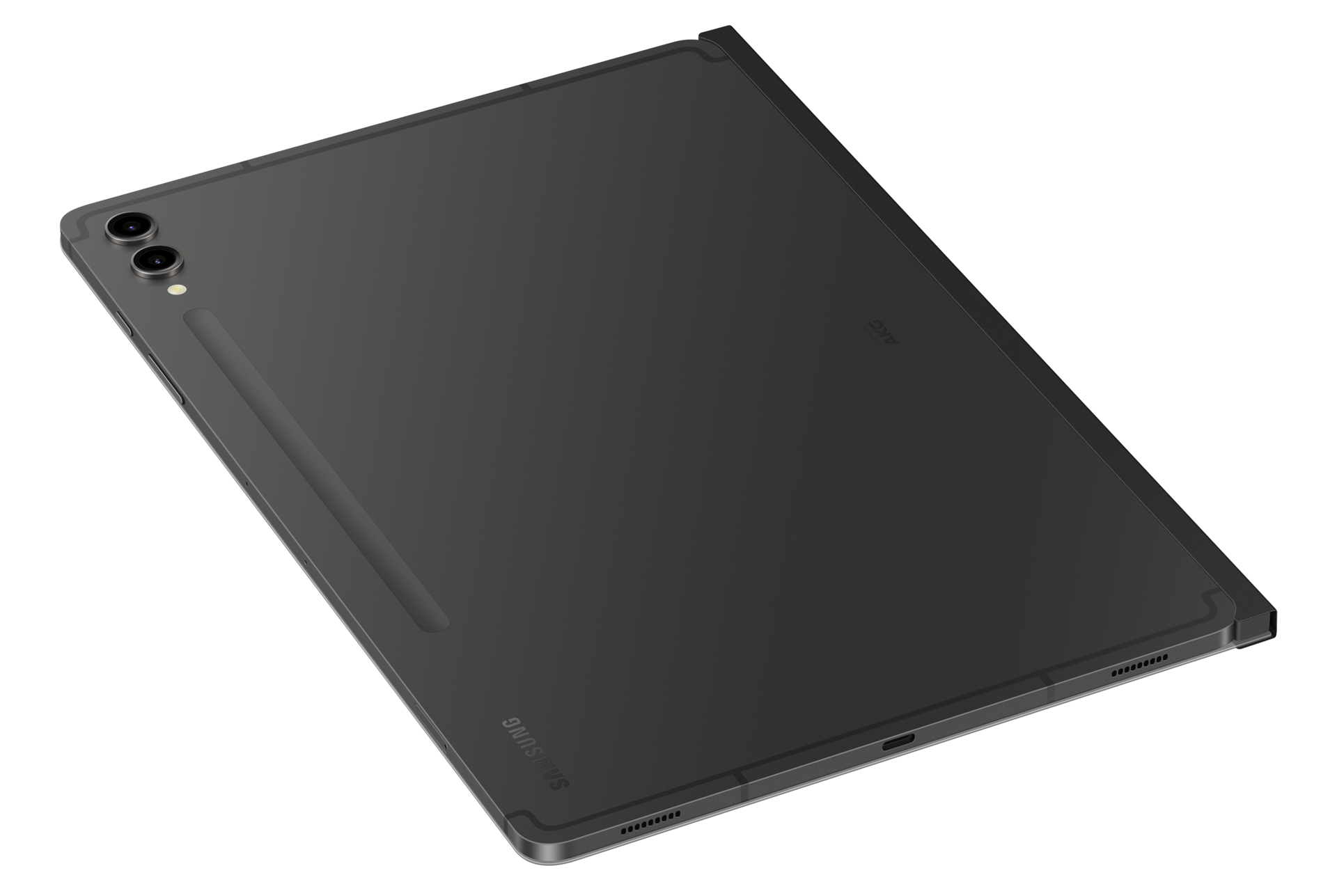Een donkergrijze Samsung tablet met stylus, dubbele camera's en het AKG-logo op een zwarte achtergrond.