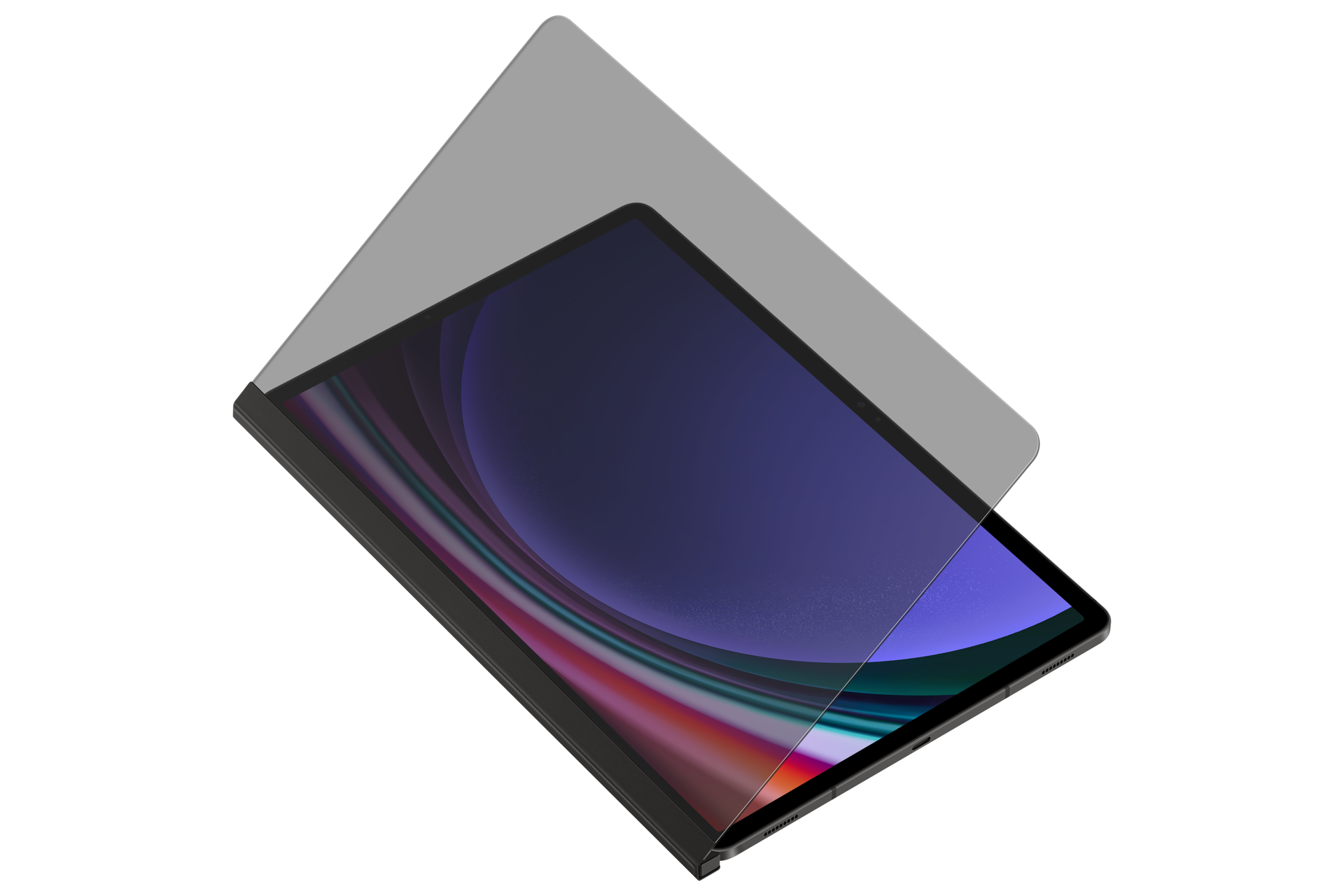 Tablet met schermbeschermer op zwarte achtergrond. Scherm toont een kleurverloop. Beschermer staat iets open.
