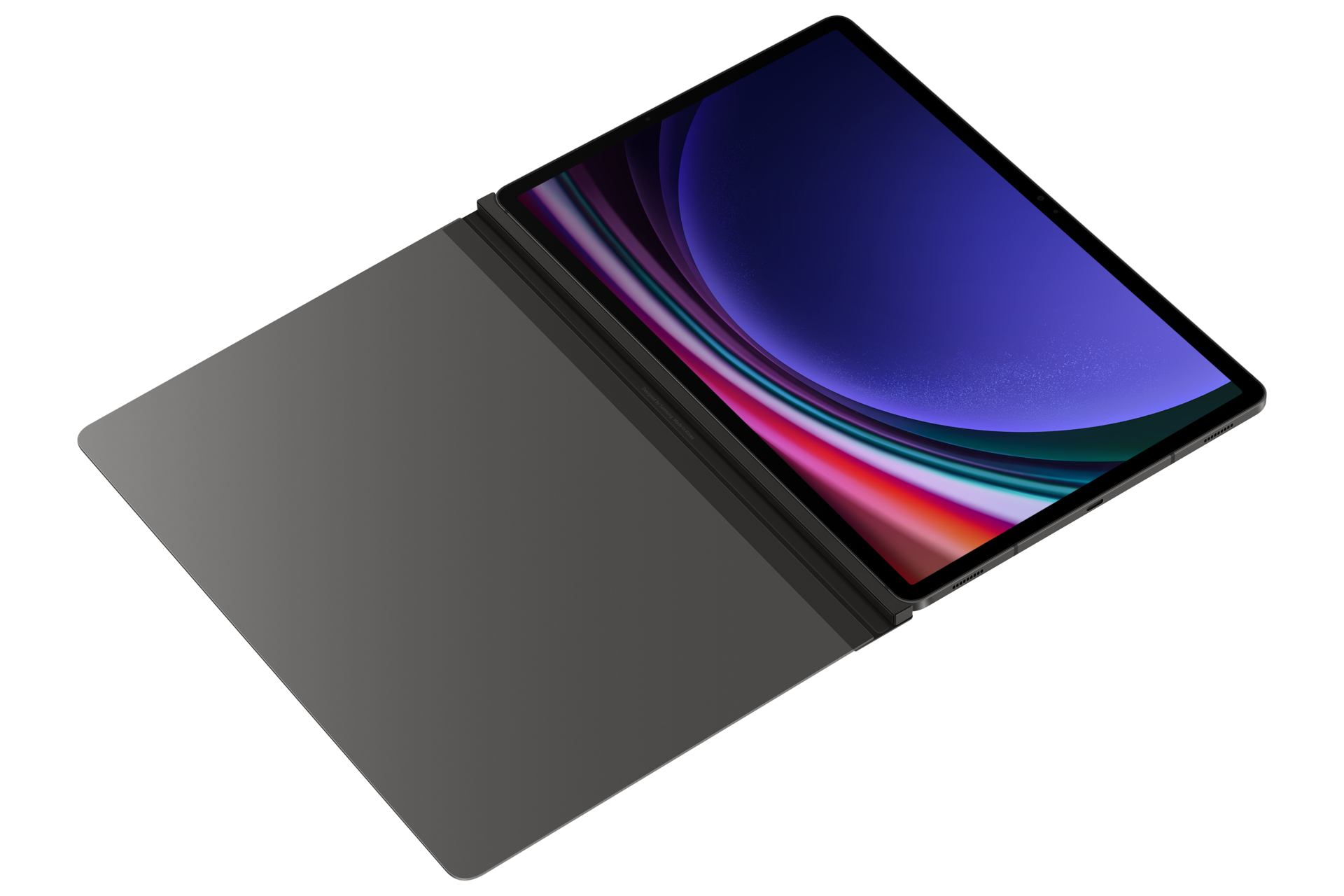 Een tablet met een donker scherm is open, met kleurrijke abstracte graphics tegen een zwarte achtergrond. De hoes is donkergrijs.