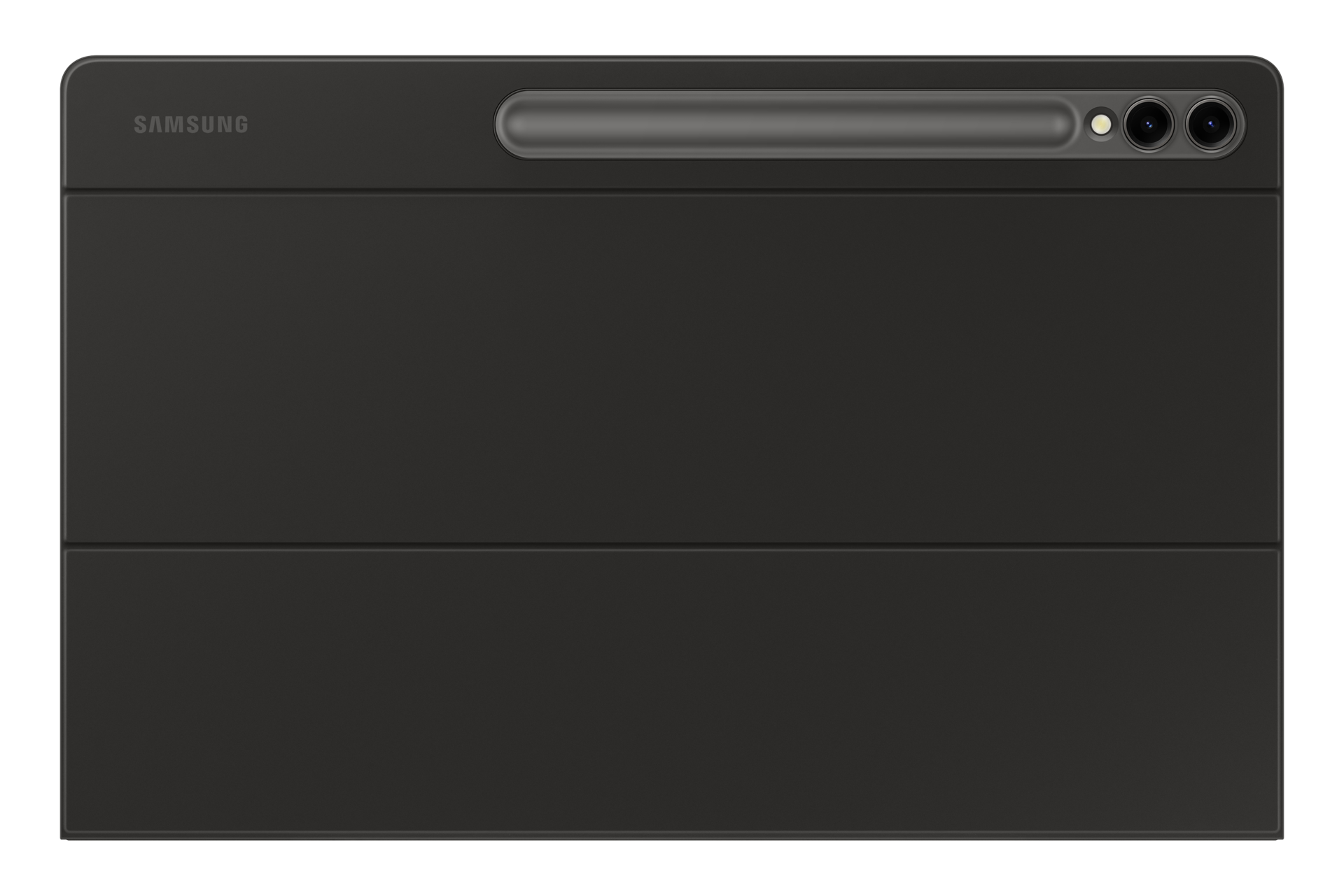 Custodia per tablet Samsung grigio scuro. Ha un porta stilo, una fotocamera e il marchio in alto.