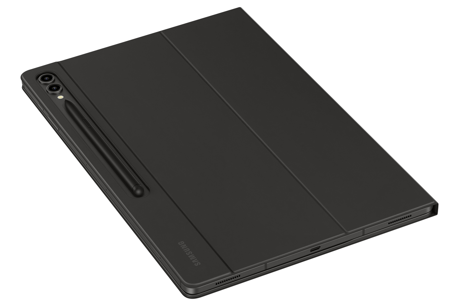 Tablet nero con custodia. Uno stilo è attaccato. Il logo Samsung è visibile. Lo sfondo è nero.