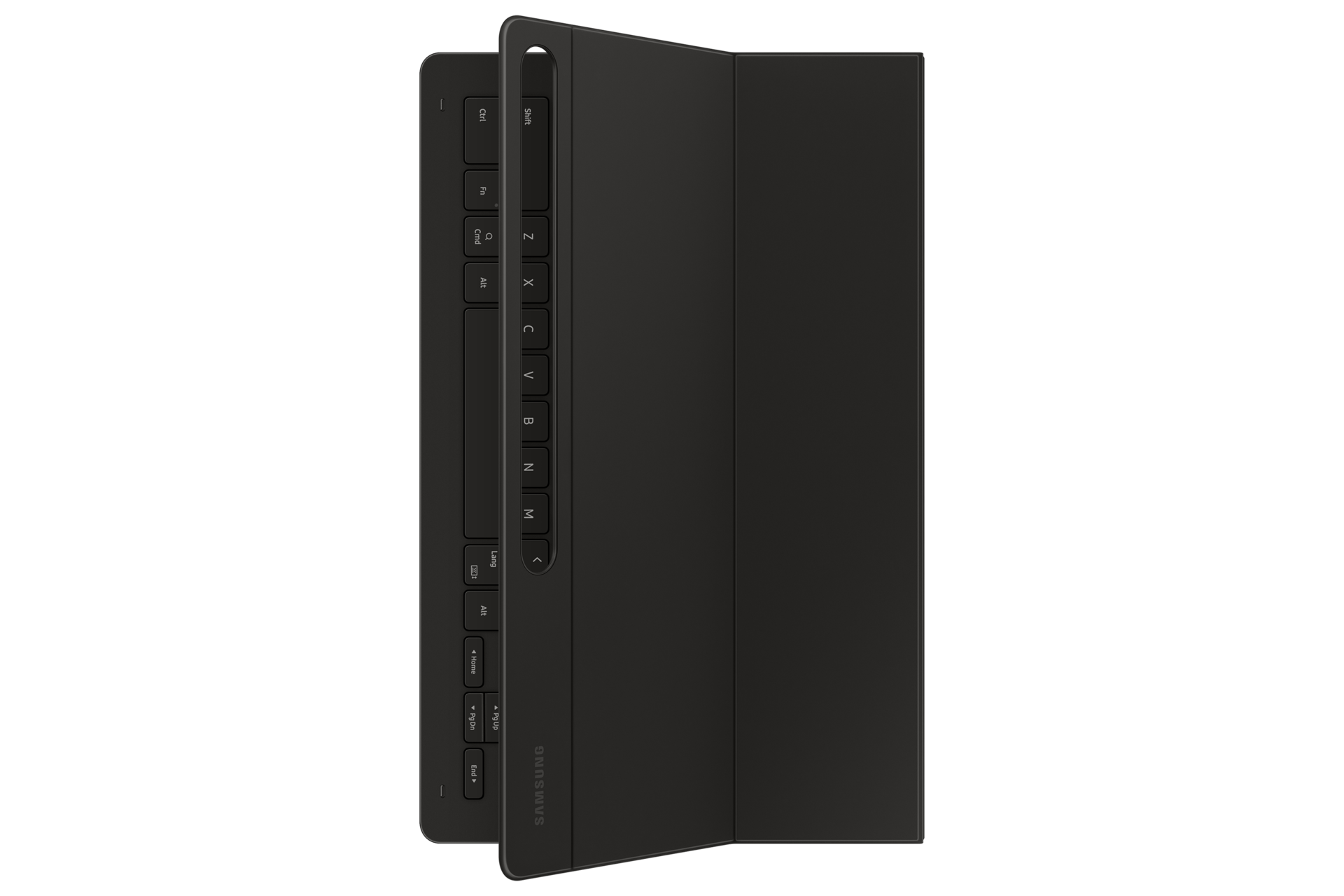 Una cover per tastiera per tablet Samsung nera è parzialmente aperta. La tastiera è visibile, con tasti come Ctrl, Alt e Z. Il logo Samsung è sulla cover.