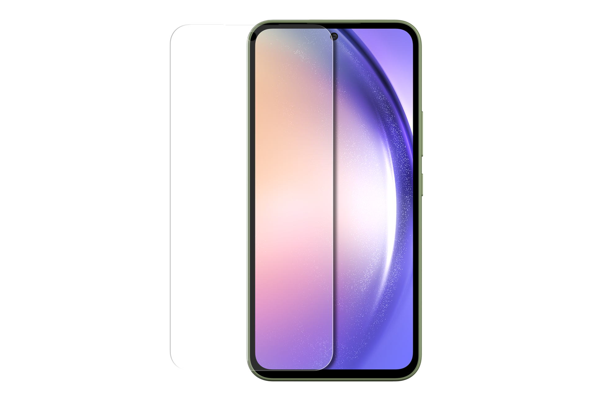 Ein Smartphone mit Displayschutzfolie. Der Bildschirm zeigt rosa und lila Farbtöne. Das Telefon hat einen grünen Rahmen.