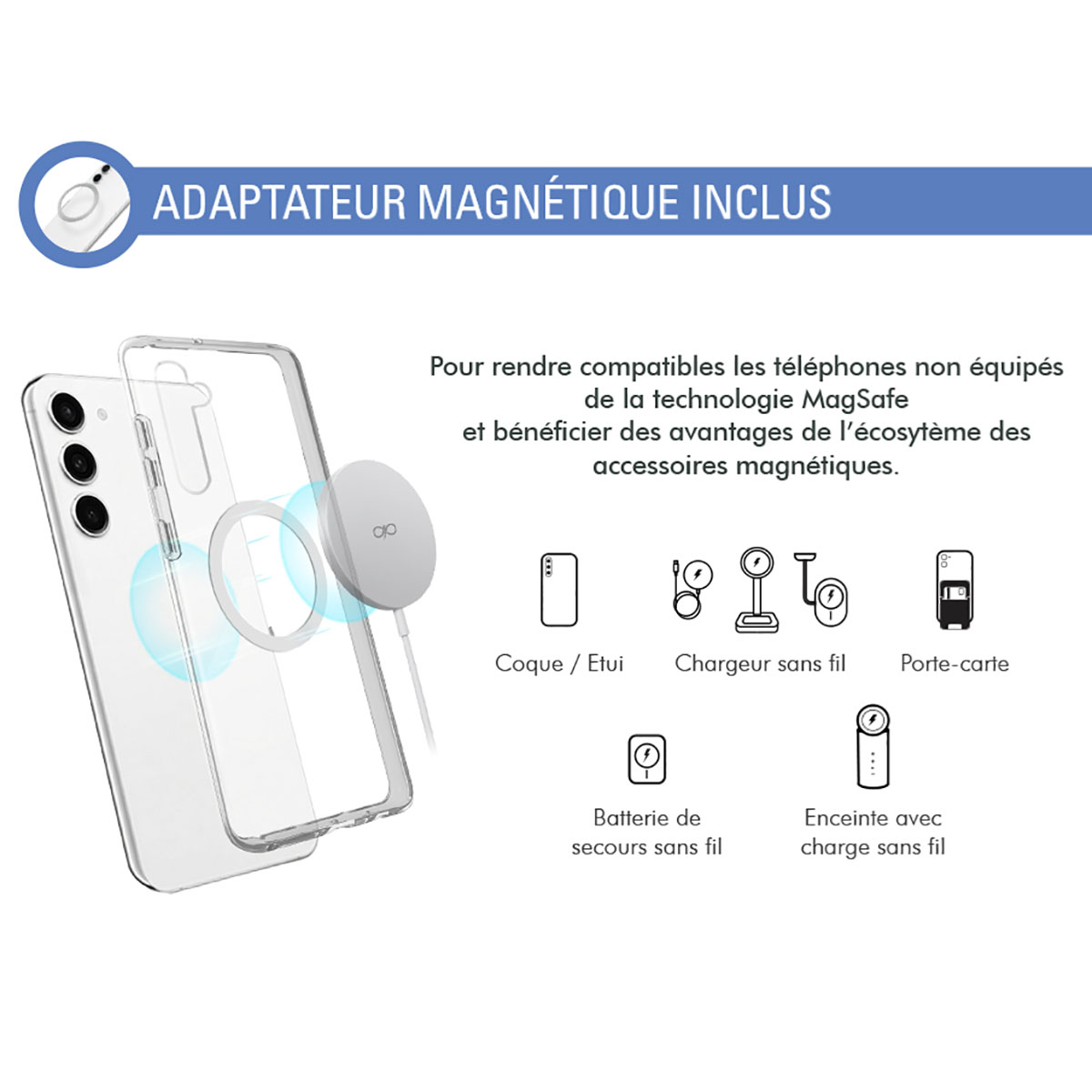 L'immagine mostra un telefono, una custodia e un adattatore magnetico. Il testo spiega la compatibilità con i telefoni non MagSafe.