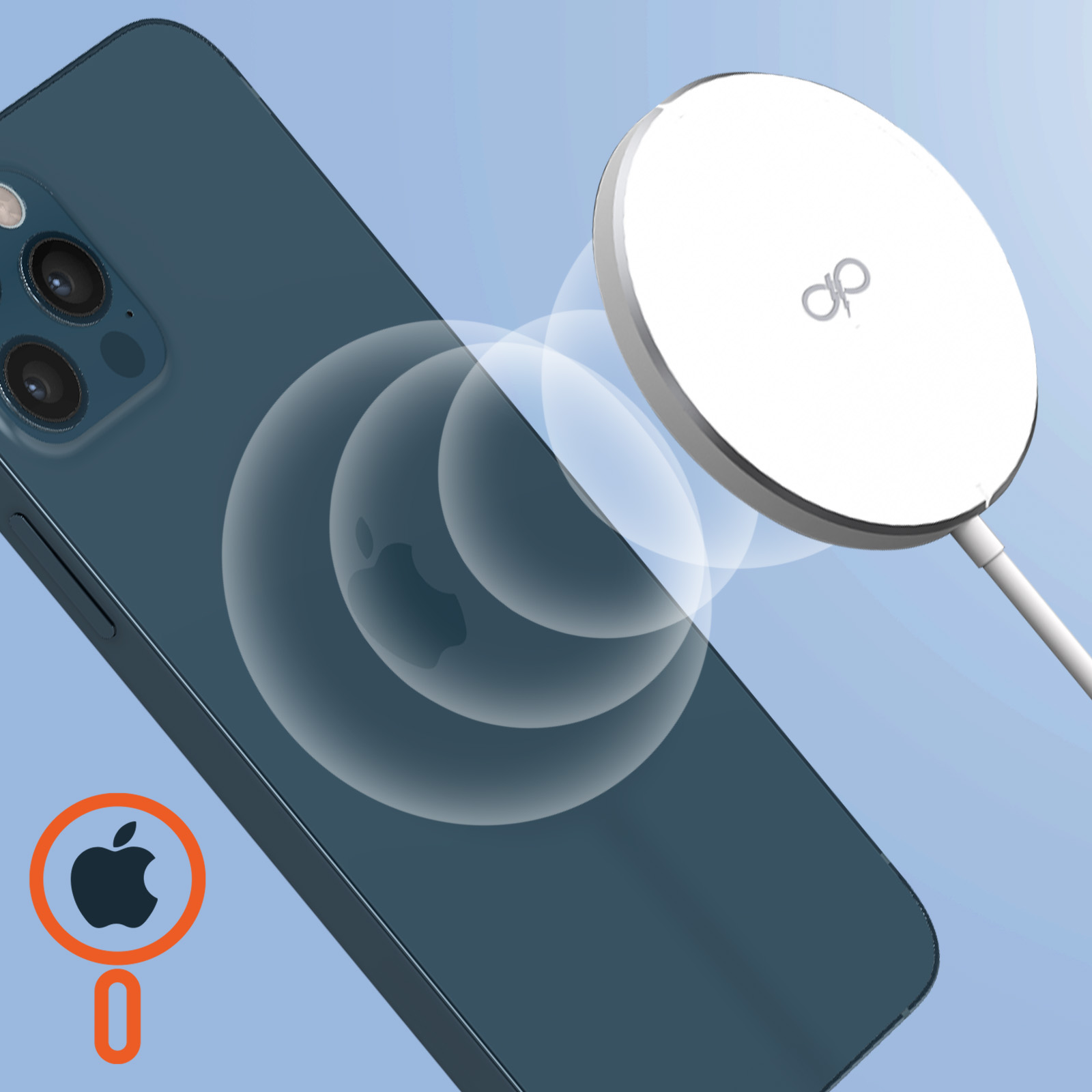 Un iPhone blu con un caricabatterie wireless. Il logo Apple è visibile. Il caricabatterie è bianco con sfondo azzurro.