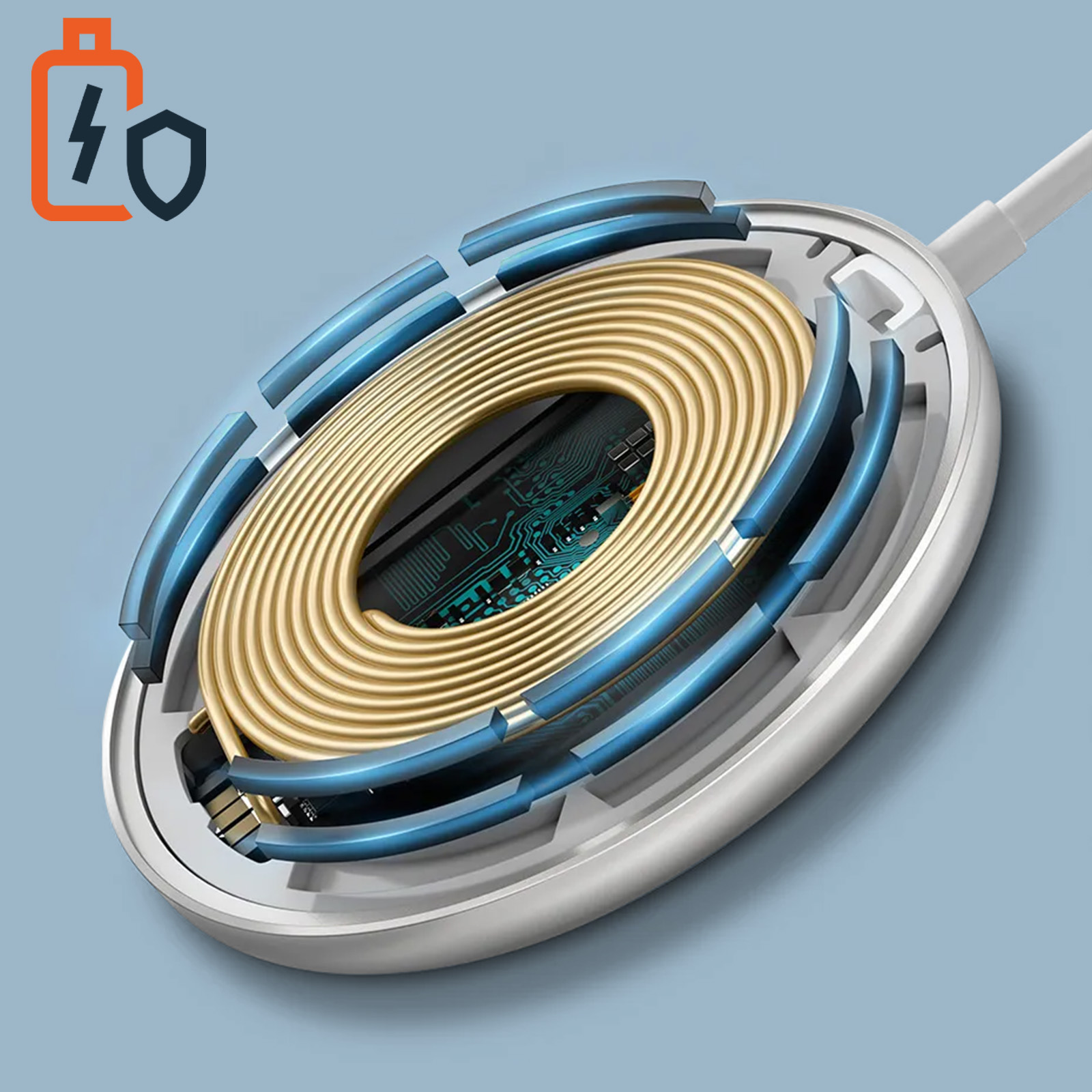 Caricabatterie wireless. Bobina d'oro all'interno, accenti blu e bianchi. Icone batteria e scudo in alto a sinistra.