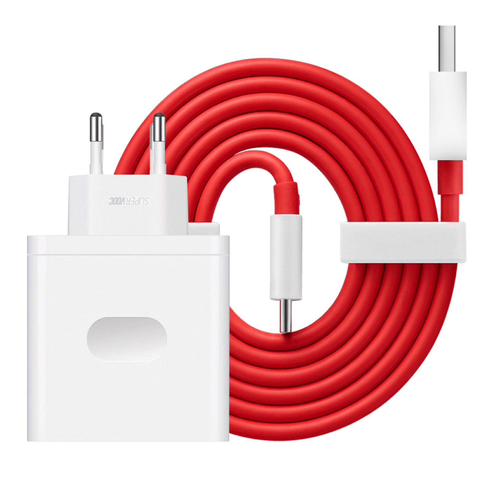Un chargeur blanc avec deux broches et un câble rouge enroulé. Un connecteur blanc est attaché au câble.