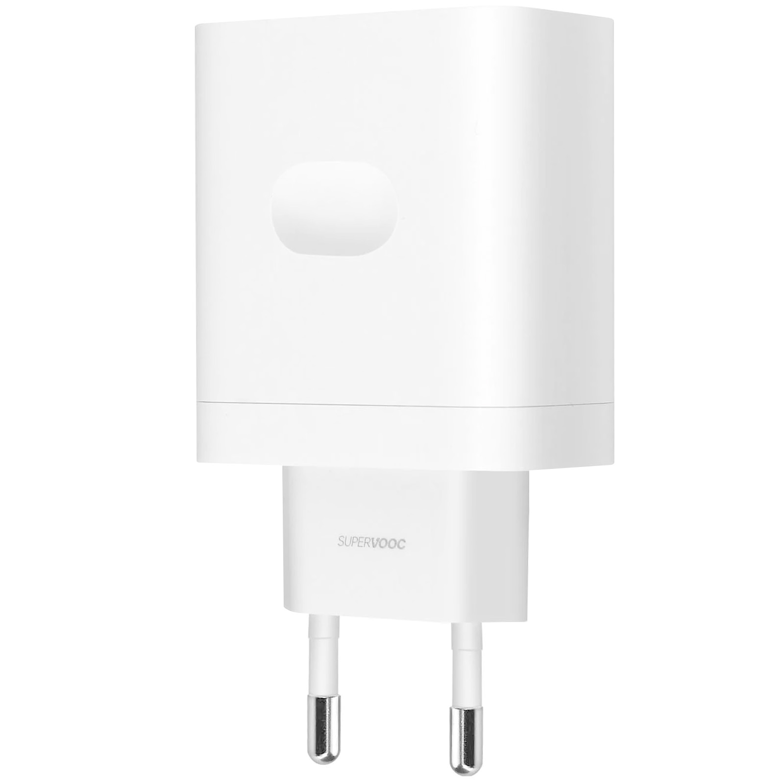 Un chargeur de téléphone blanc avec deux broches métalliques. De forme rectangulaire arrondie, avec 'SUPERVOOC' écrit dessus.