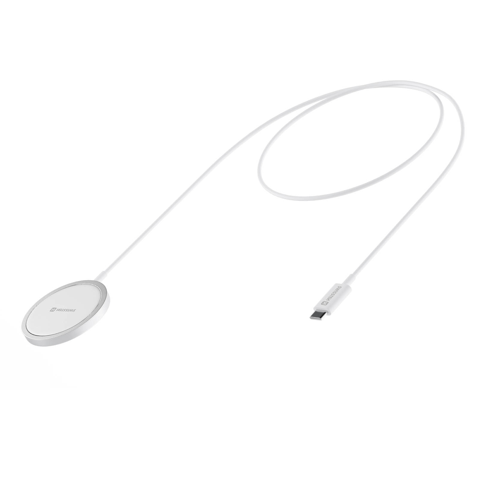Un cargador inalámbrico blanco con cable. El cargador es redondo, el cable tiene un conector USB-C.
