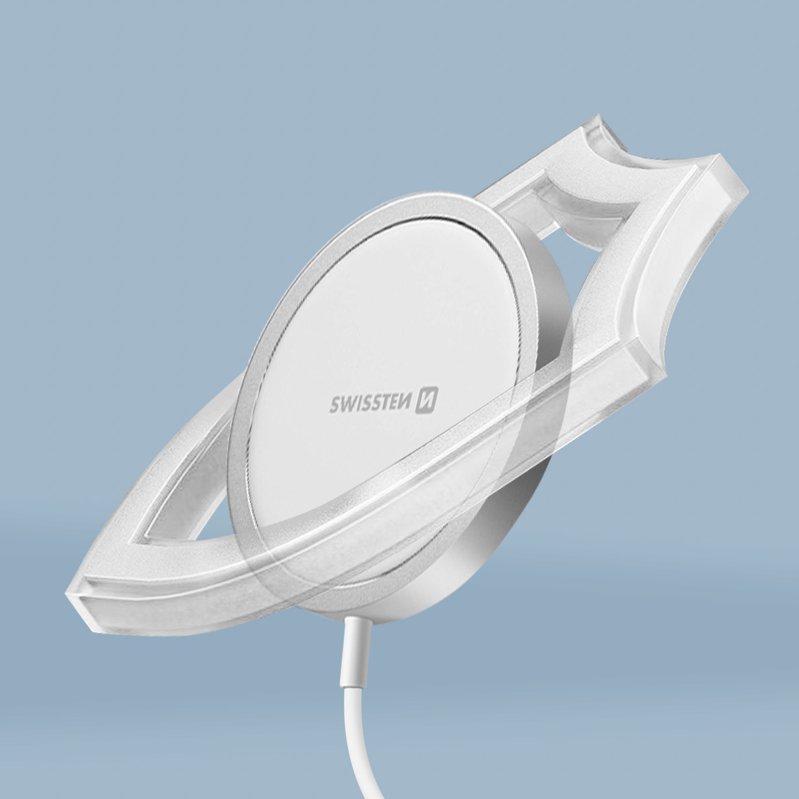 Un cargador inalámbrico blanco con cable. Tiene un diseño único y la marca 'SWISSTEN' es visible.