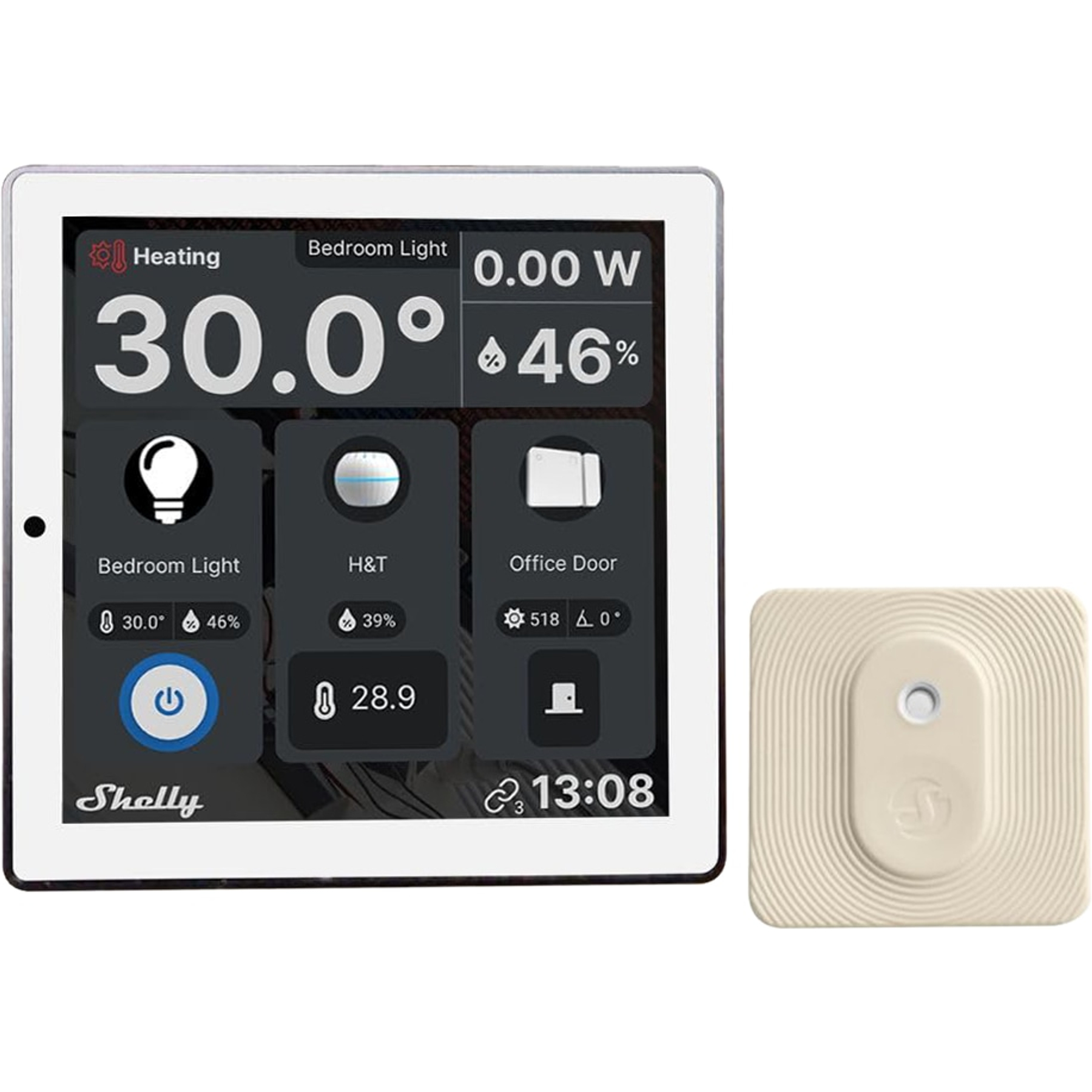 Ein Smart-Home-Bedienfeld, das Temperatur-, Feuchtigkeits- und Energieverbrauchsdaten sowie einen beigen Sensor anzeigt.