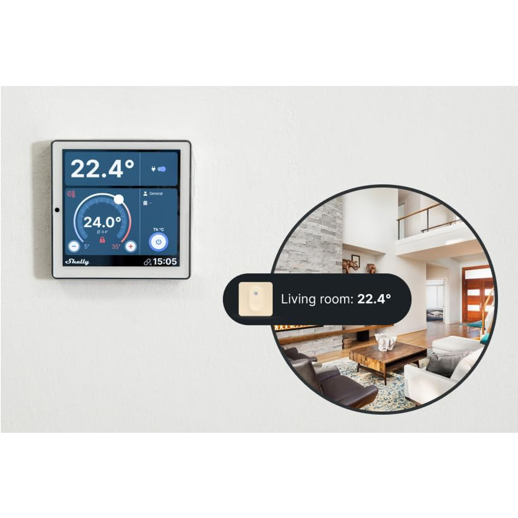 Ein Tablet zeigt 22,4°C an. Eine runde Ansicht zeigt ein Wohnzimmer mit gemessenen 22,4°C.
