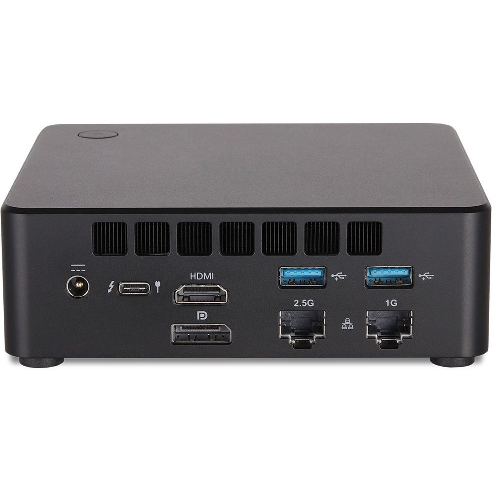 Czarne urządzenie komputerowe z wieloma portami. Posiada złącza HDMI, USB i sieciowe. Przycisk zasilania znajduje się na górze.