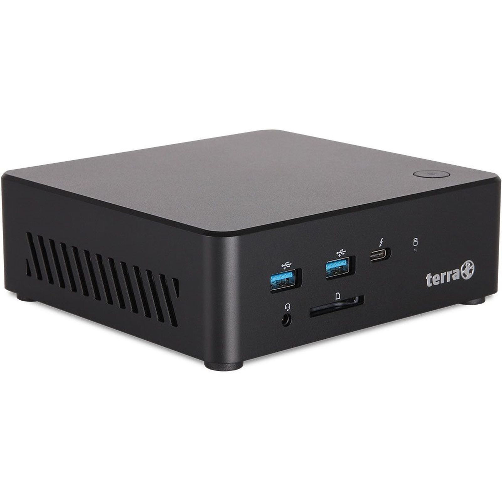 Czarny mini PC Terra. Ma porty, otwory wentylacyjne i logo Terra. Znajduje się na białym tle.