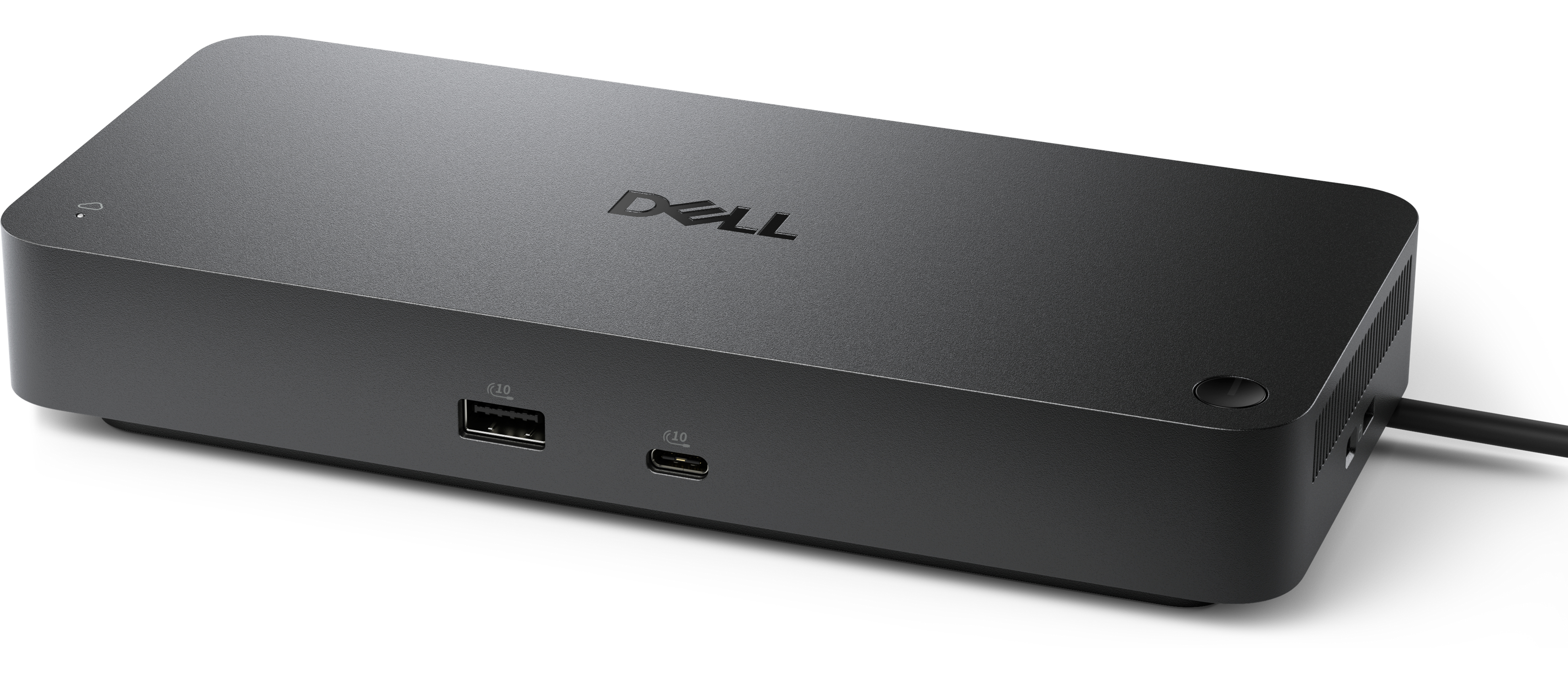 Station d'accueil Dell noire. Elle a le logo Dell, des ports USB et un bouton d'alimentation. Elle est sur une surface blanche.