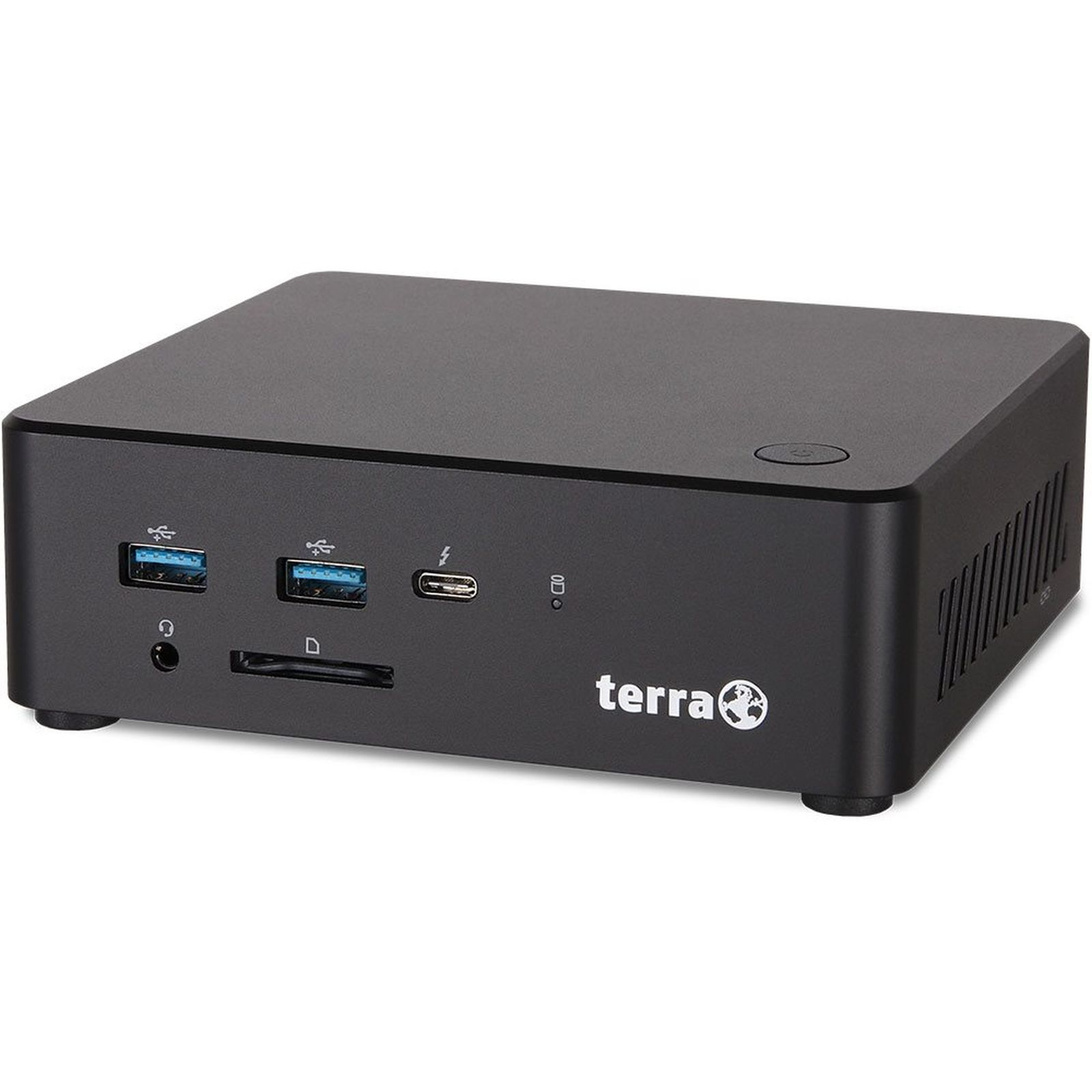 Czarny mini PC Terra. Przód ma porty USB, gniazdo audio i gniazdo kart SD. Na górze znajduje się przycisk zasilania.