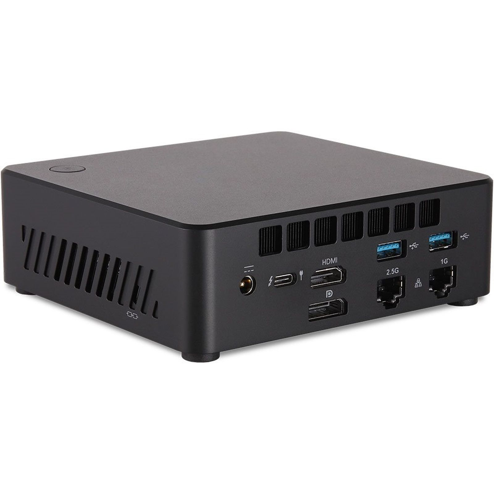 Czarne urządzenie komputerowe z wieloma portami. Posiada otwory wentylacyjne, HDMI, USB i porty sieciowe.