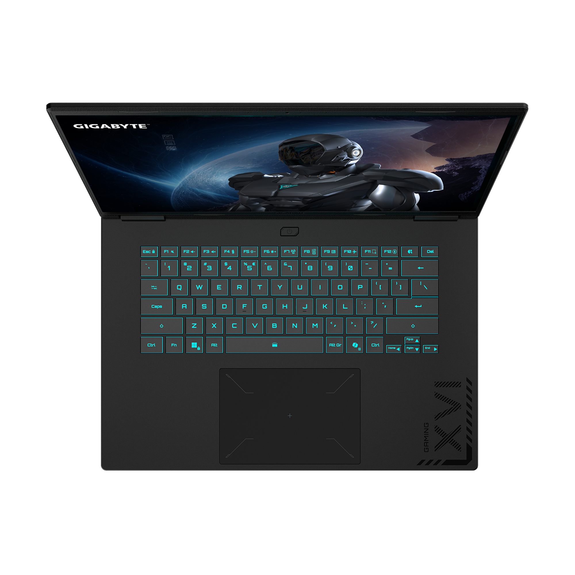 Czarny laptop z podświetlaną klawiaturą, pokazujący futurystyczny obraz. Marka to Gigabyte.