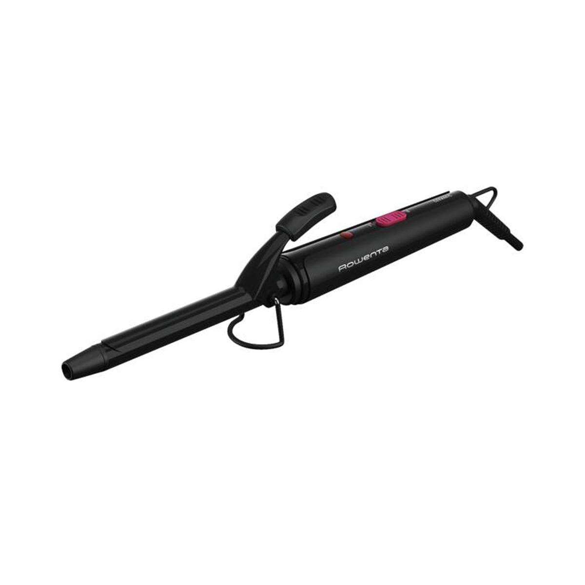 Ein schwarzer und rosa Lockenstab liegt auf einer weißen Oberfläche. Der Markenname "Rowenta" ist sichtbar. Das Kabel ist angeschlossen.