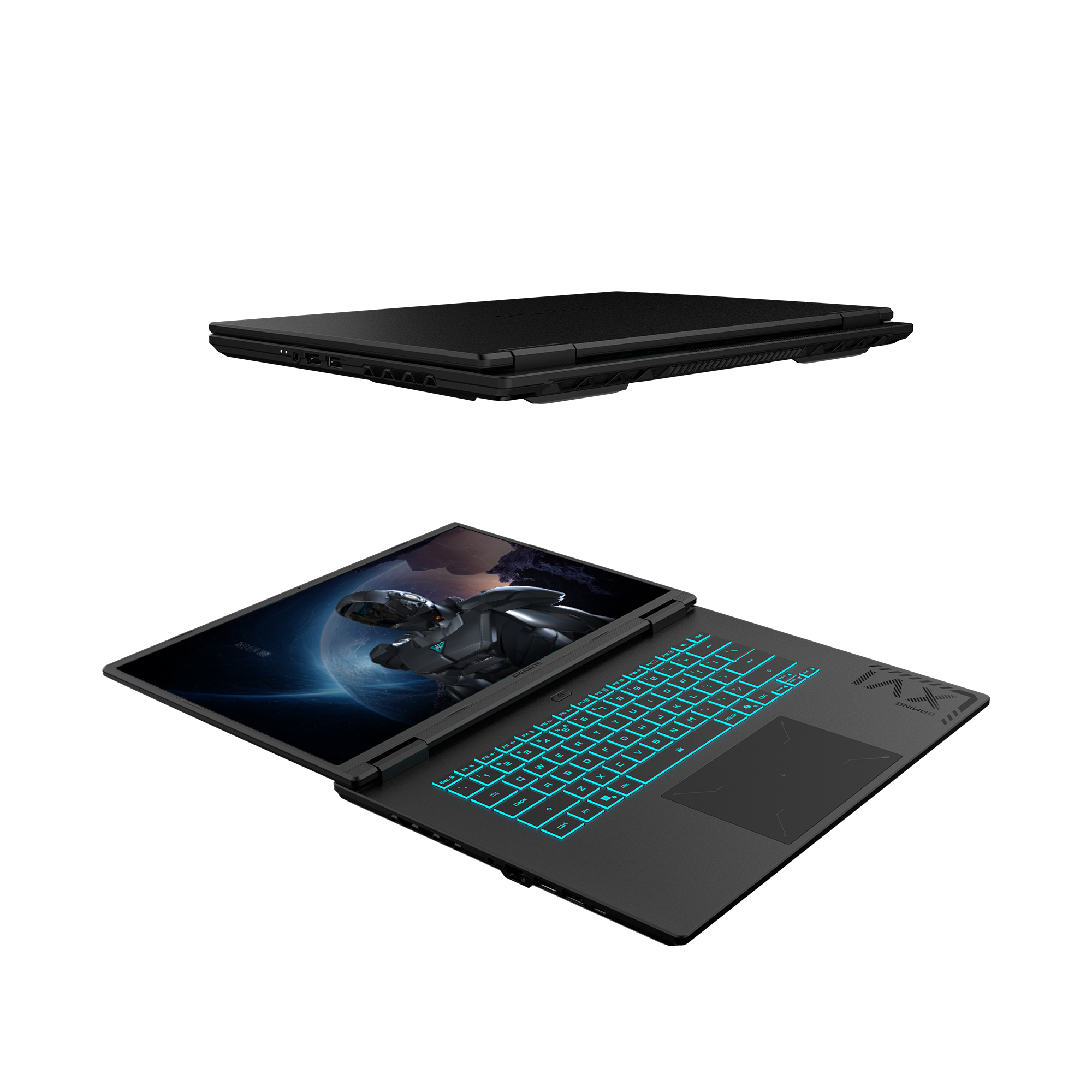 Czarny laptop, otwarty i zamknięty. Otwarty laptop wyświetla scenę kosmiczną. Klawiatura świeci na niebiesko. Białe tło.