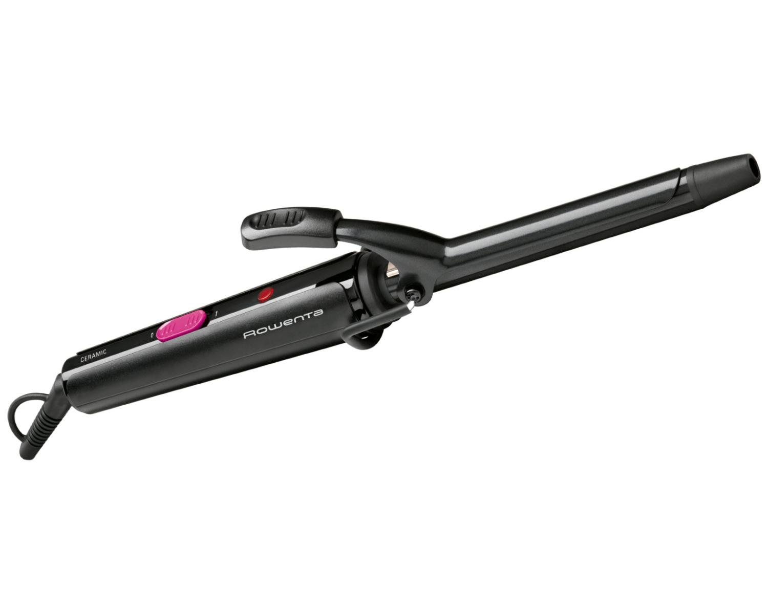 Ein schwarzer Keramik-Lockenstab, abgewinkelt. Er hat einen rosa Knopf und den Markennamen "Rowenta". Das Kabel ist sichtbar.