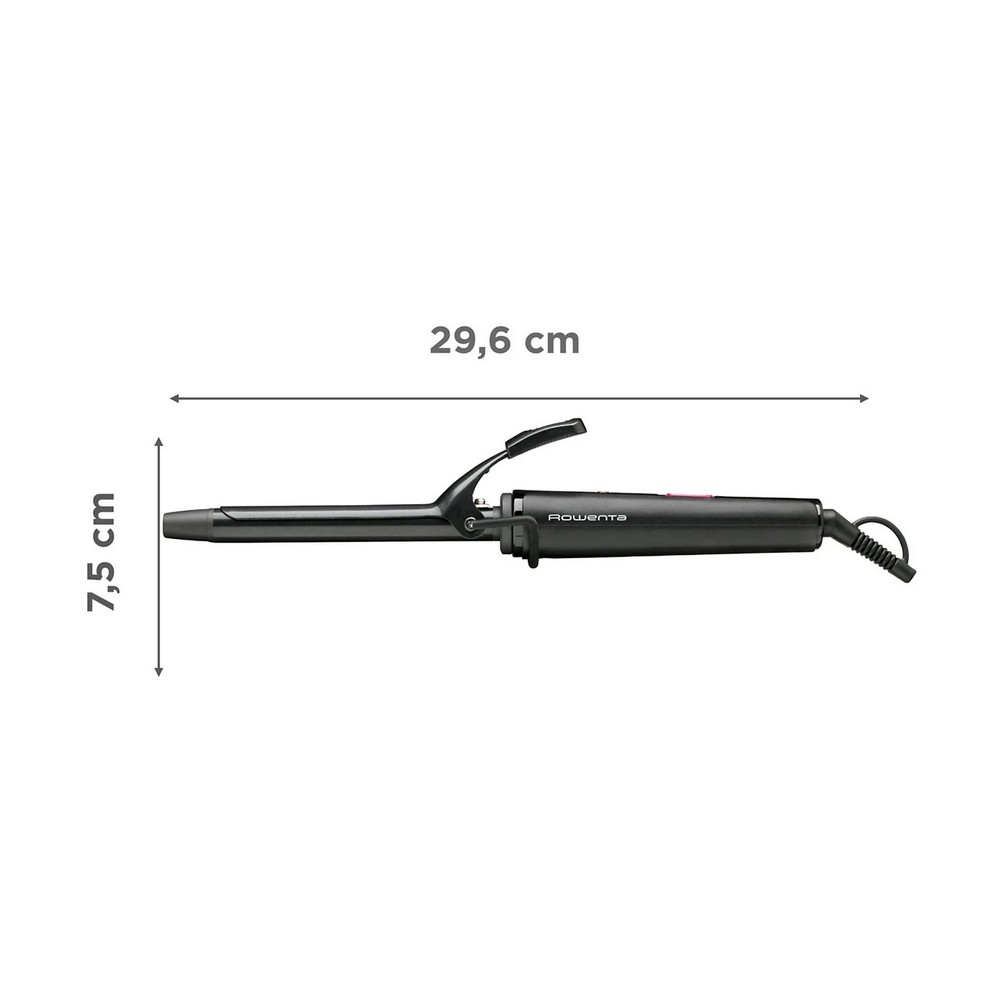 Ein schwarzer Lockenstab mit pinkfarbenem Akzent, 29,6 cm lang und 7,5 cm hoch. Der Markenname 'Rowenta' ist sichtbar.
