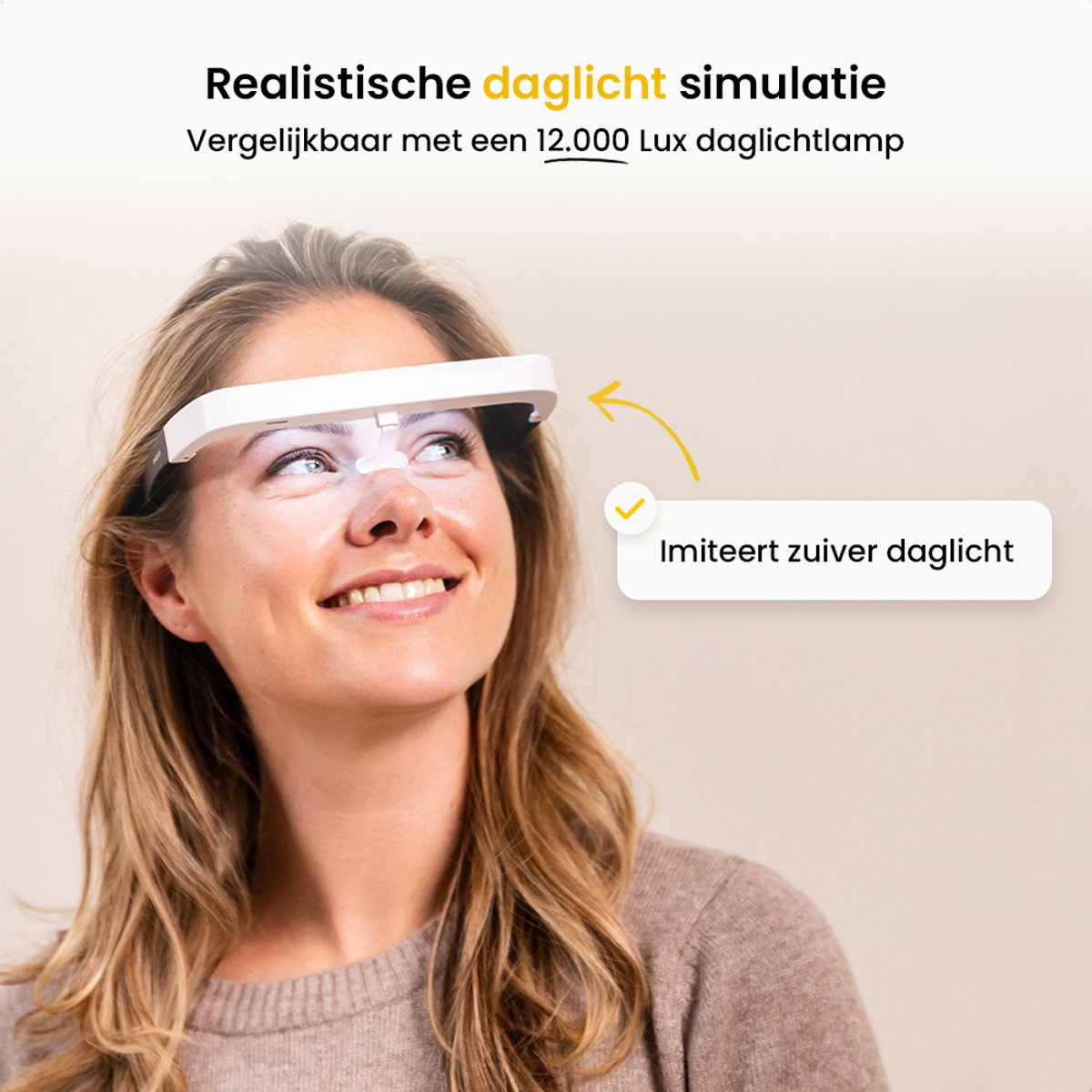 A woman smiles, wearing a white light therapy device. Text states 'Realistic daylight simulation'. A light shines on her eyes.