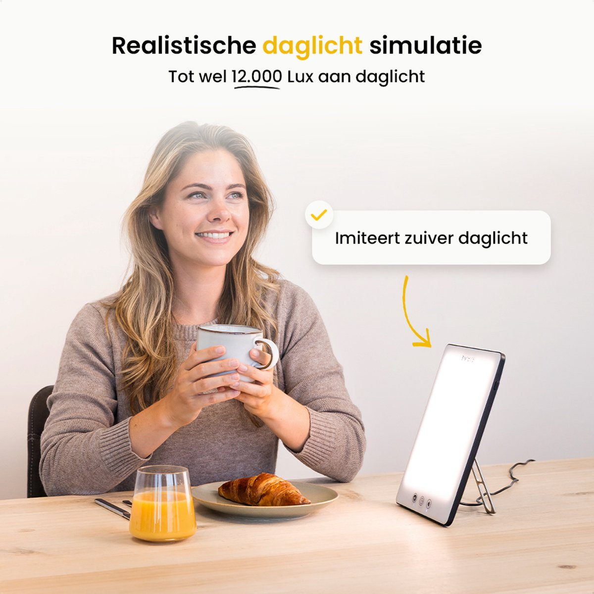 Woman holding mug, smiling. Table with breakfast, light panel. Text: daylight simulation. Imitates pure daylight.