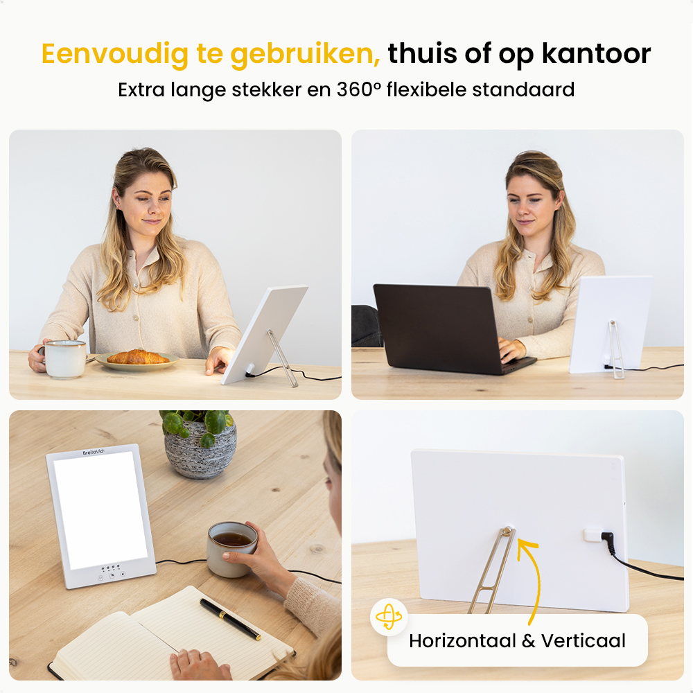 A woman uses a light therapy device at home and at work. The scenes include a laptop, coffee, a croissant, and a notebook.