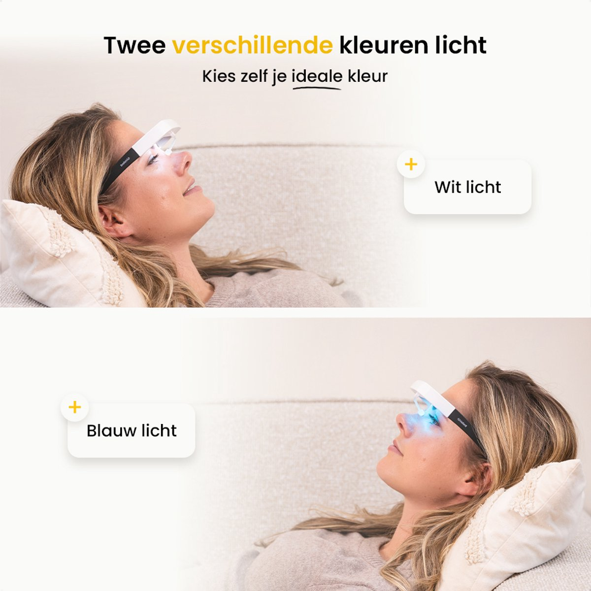 A woman lying on a couch wearing light therapy glasses. The image shows two light colors: white and blue. Text above says 'Two different light colors'.