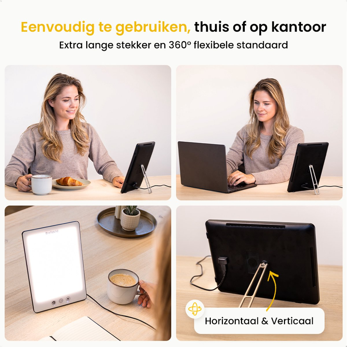 The image shows a product used in different settings. Women are using it with a cup, laptop, and light therapy device.