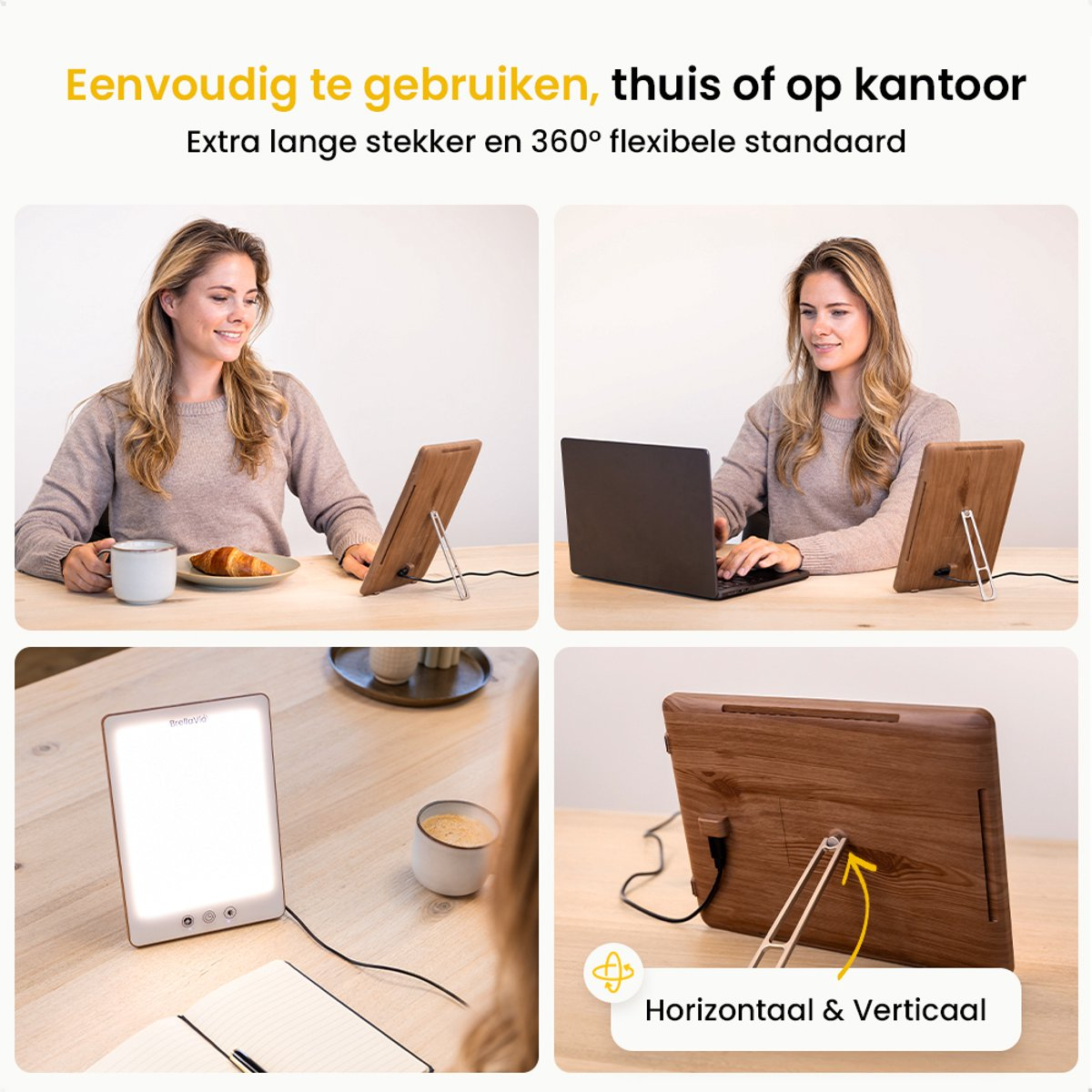 Woman uses a light therapy device, laptop, and drinks coffee. Text promotes easy use at home or office with a flexible stand.