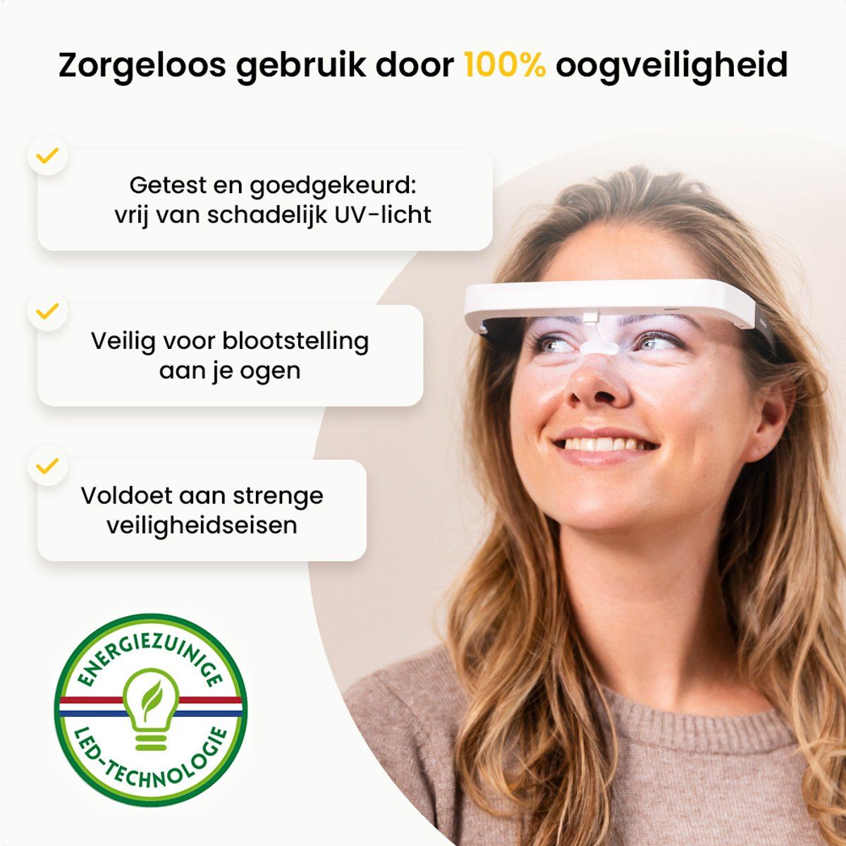 A woman smiles wearing a white eye protection device. Text indicates 100% eye safety and UV protection.