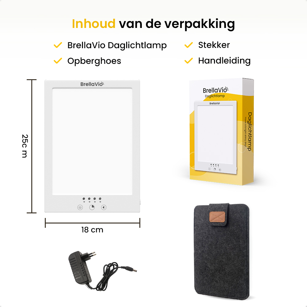 The image shows a daylight lamp, its box, a power adapter, and a gray felt case. Text indicates package contents.