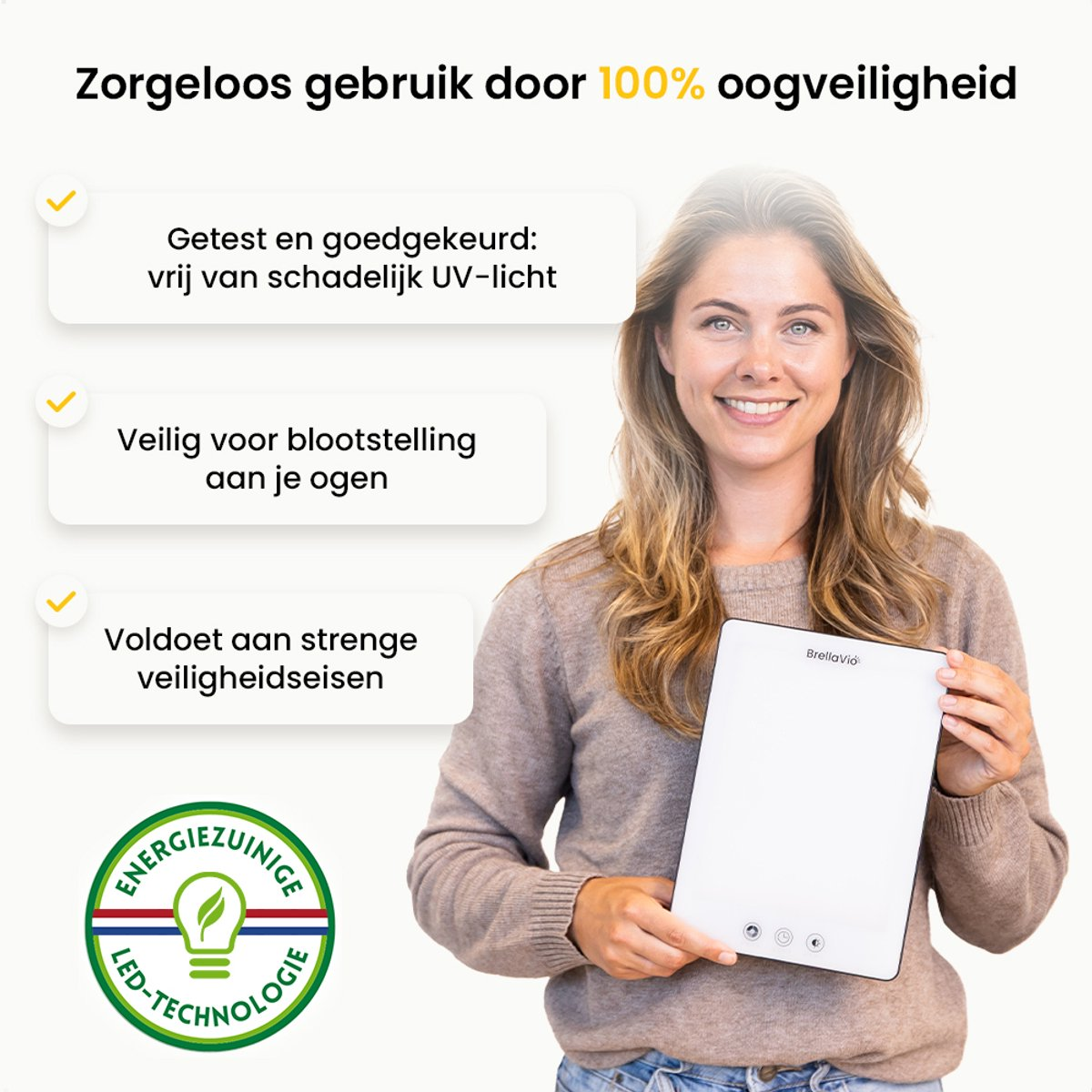 A woman holding a white tablet smiles. Text includes '100% eye safety' and 'safe for eyes'. A logo says 'energy-efficient LED technology'.
