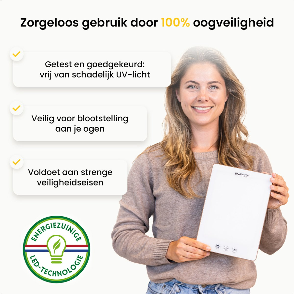 Woman holding a white tablet, smiling, with text about eye safety and energy-efficient LED technology.