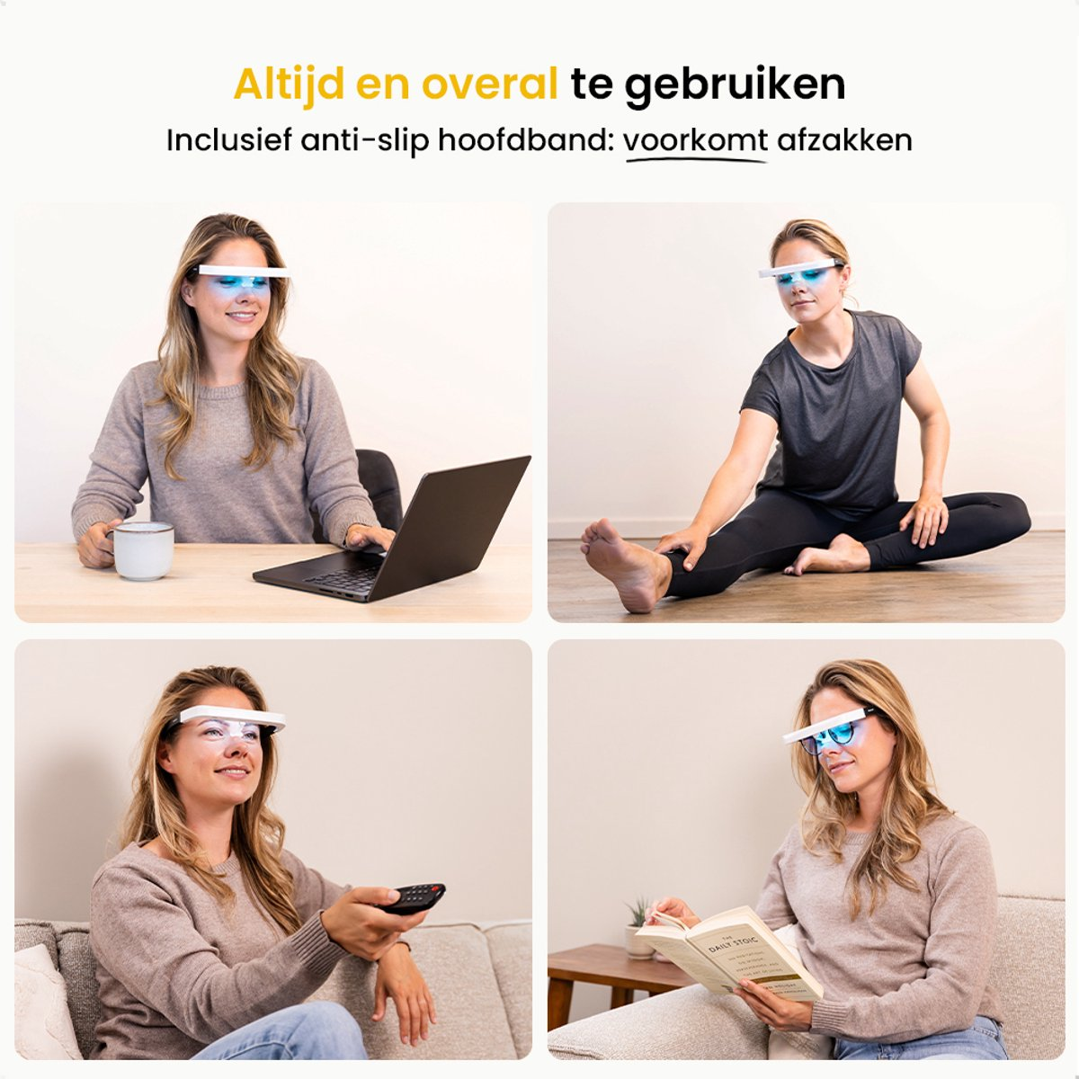 Four images show women using glasses. One works on a laptop, one stretches, one watches TV, and one reads a book.