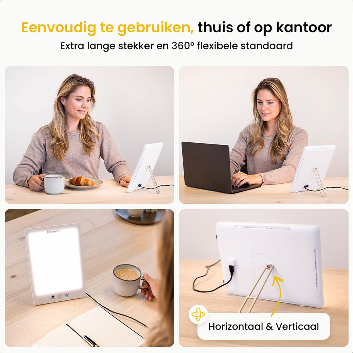 A woman uses a light therapy device at home and in the office. The device has a long cord and a flexible stand.