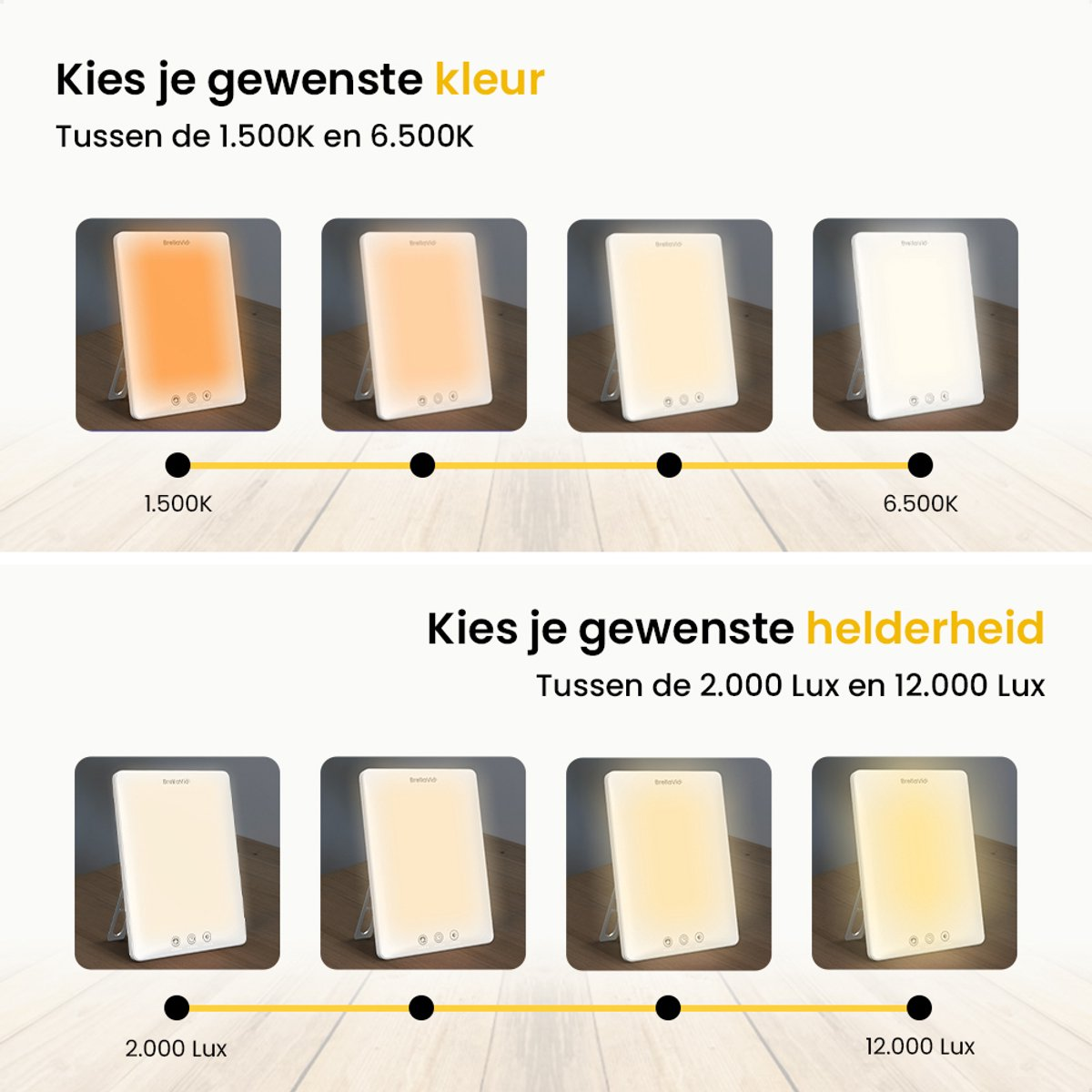 Image shows light therapy devices with varying color and brightness settings. Text explains color and brightness options.