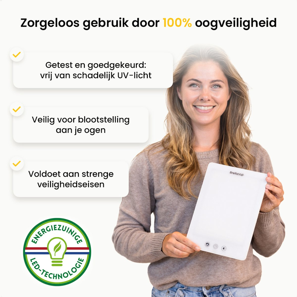Woman holding a white BrellaVio light, smiling. Text includes: safe for eyes, tested UV-free, meets safety standards, and energy-efficient LED.