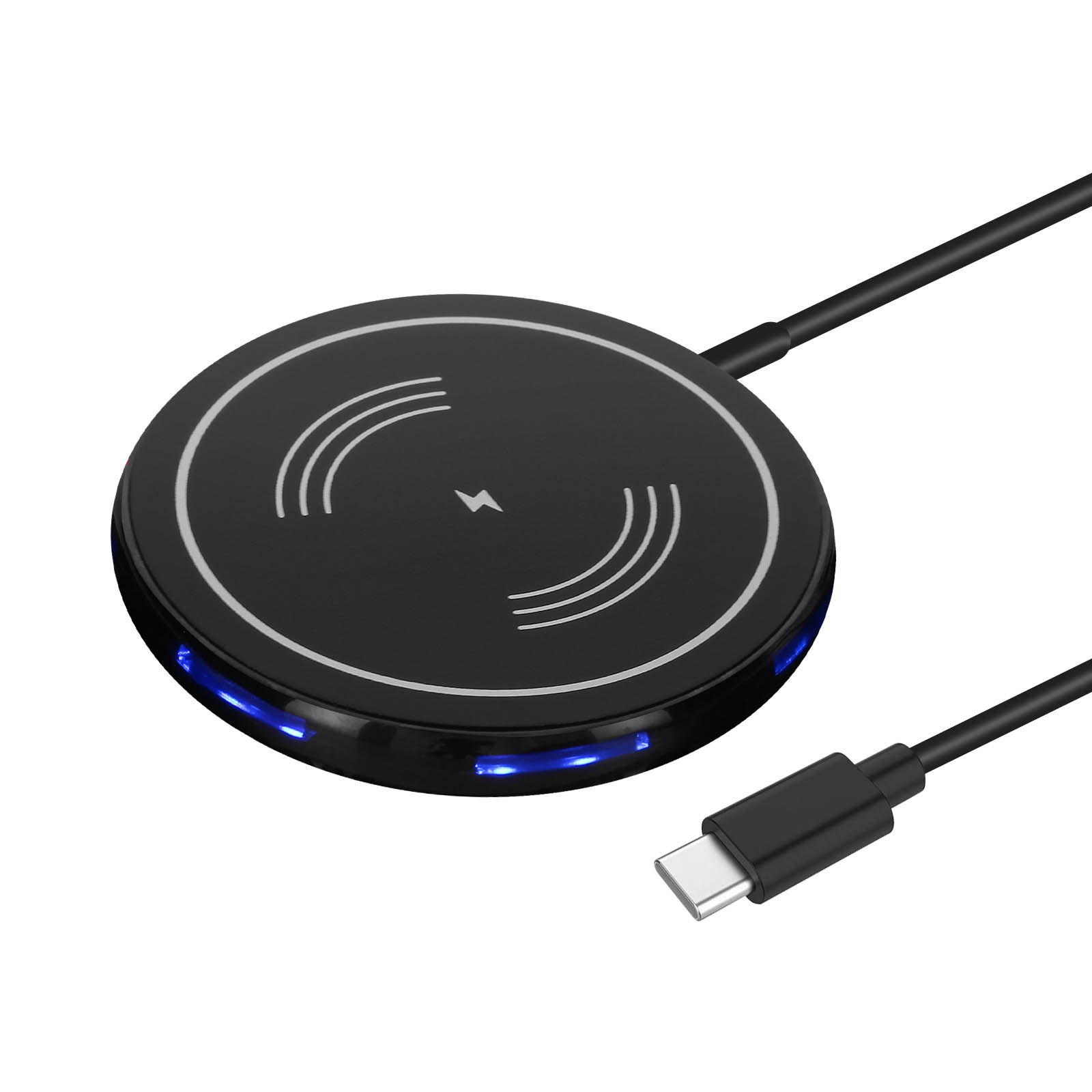 Cargador inalámbrico negro con cable y conector USB-C. Tiene líneas curvas y un símbolo de rayo en la parte superior.
