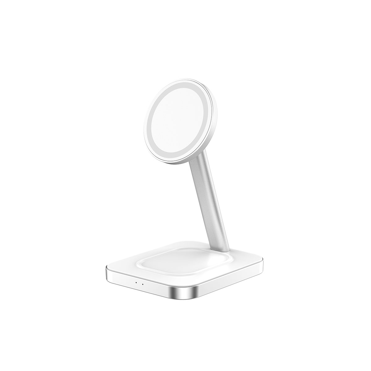 Un soporte de carga blanco y plateado. Tiene una plataforma de carga circular, un soporte vertical y una base rectangular con tres puntos pequeños.